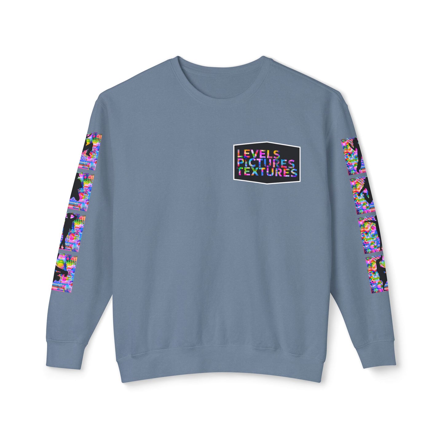 Levels Premium Collection Dance Crewneck Sweatshirt – Vibrant Unisex Streetwear Pullover with "Levels Pictures Textures" Front Text and Dancer Silhouettes on Sleeves