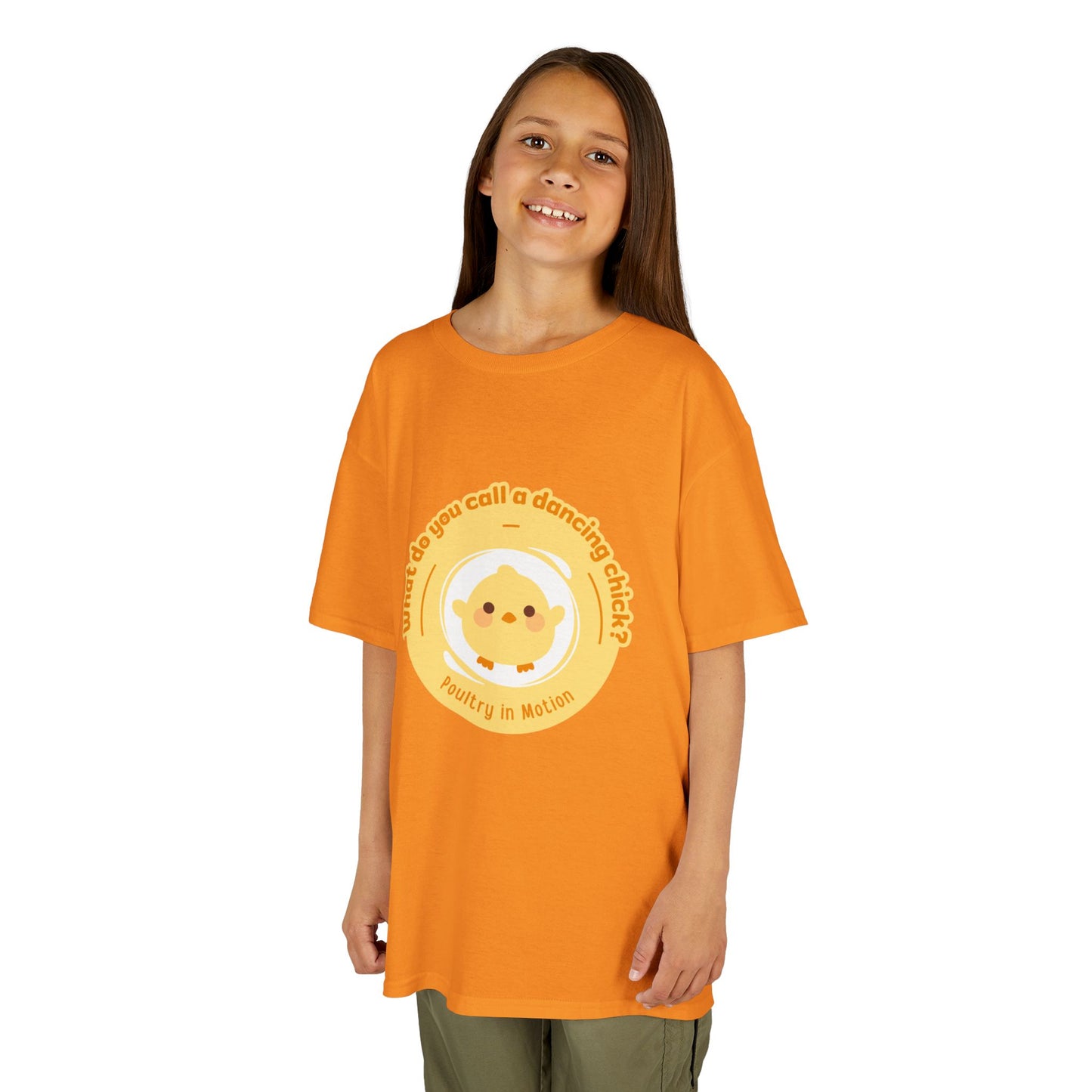 “What do you call a dancing chick? Poultry in Motion” Funny Chick Dance Tee for Kids – Cute Chicken Graphic - Youth Dance Pun T-Shirt