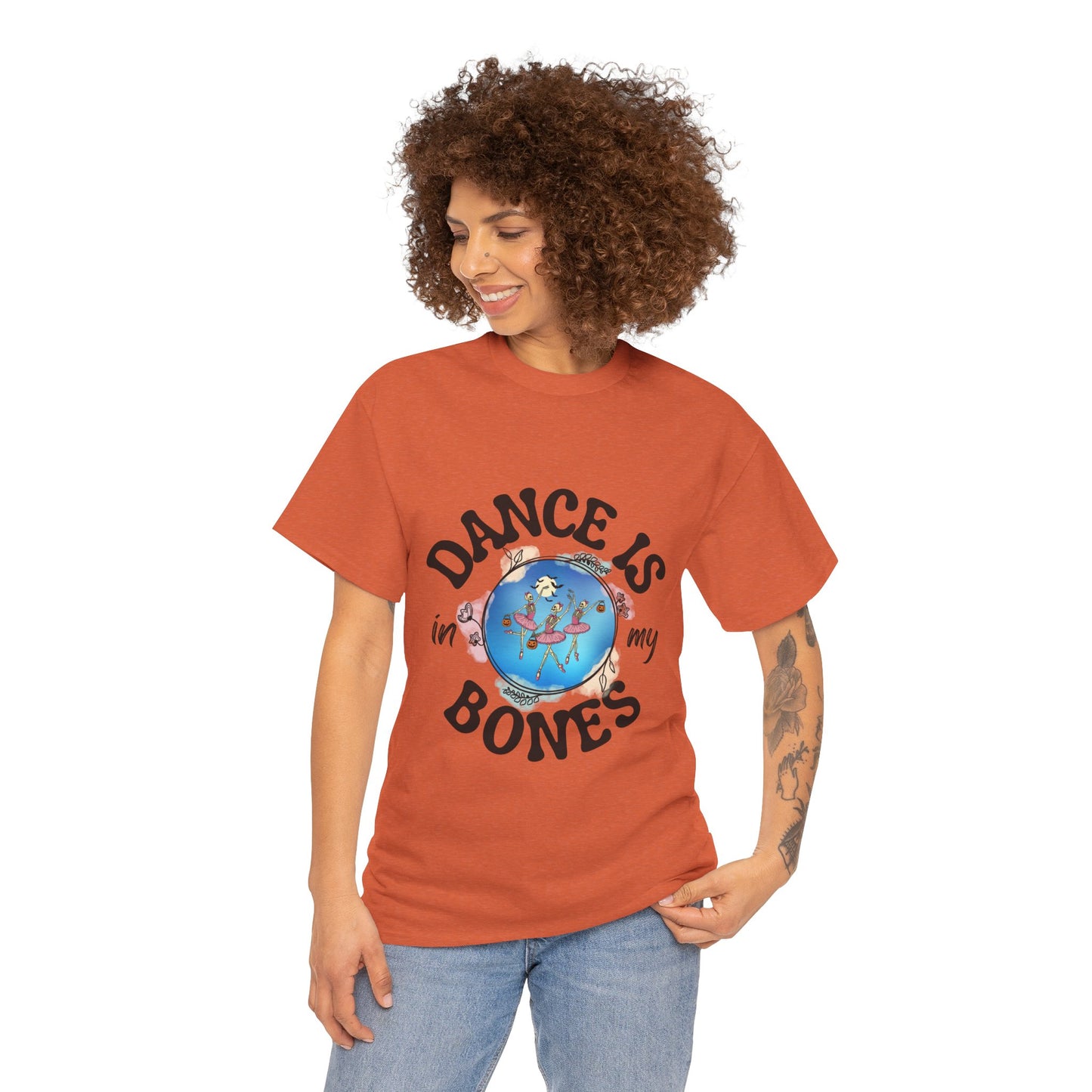 “Dance Is in My Bones” Halloween Dance T-Shirt with Dancing Skeletons Graphic - Unisex Heavy Cotton Tee