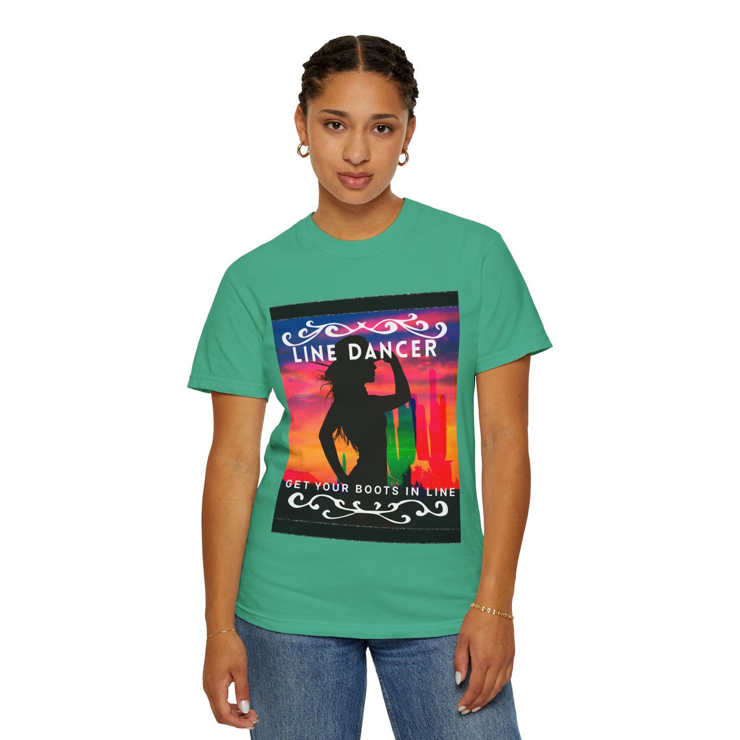 "Line Dancer" Unisex Garment-Dyed T-Shirt – Western Country Dance Graphic Tee – 'Get Your Boots in Line' Cowboy-Inspired Shirt