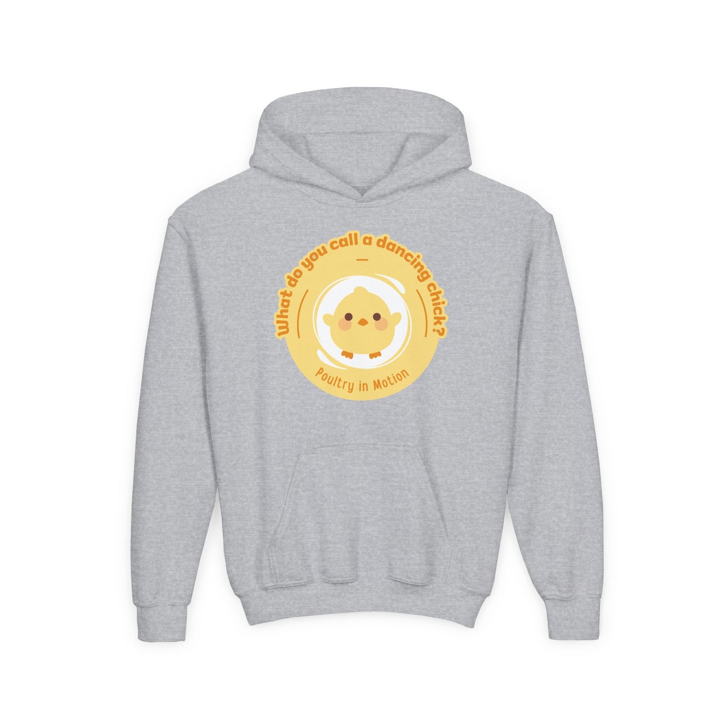 "What do you call a dancing chick? Poultry in Motion." Youth Hooded Sweatshirt – Funny Dancing Chick Pun Graphic Hoodie for Kids and Teens