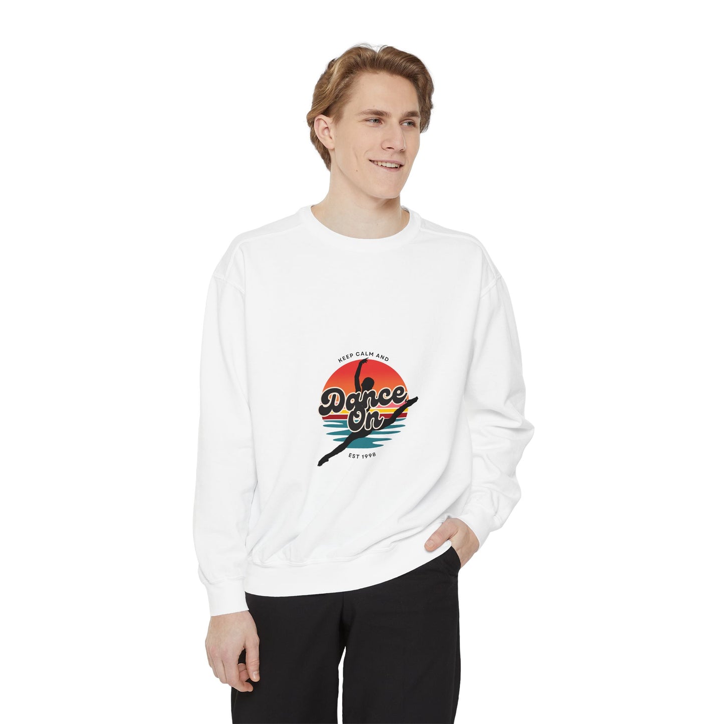 "Keep Calm and Dance On" Unisex Lightweight Crewneck Sweatshirt – Retro-Inspired Dance Graphic Pullover for Dancers & Movement Lovers