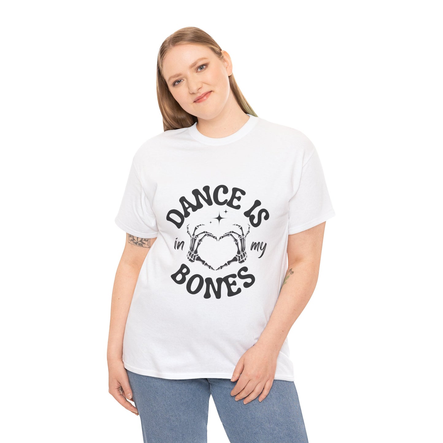 “Dance Is in My Bones” Halloween Dance T-Shirt with Cute Skeleton Heart Graphic - Unisex Heavy Cotton Tee