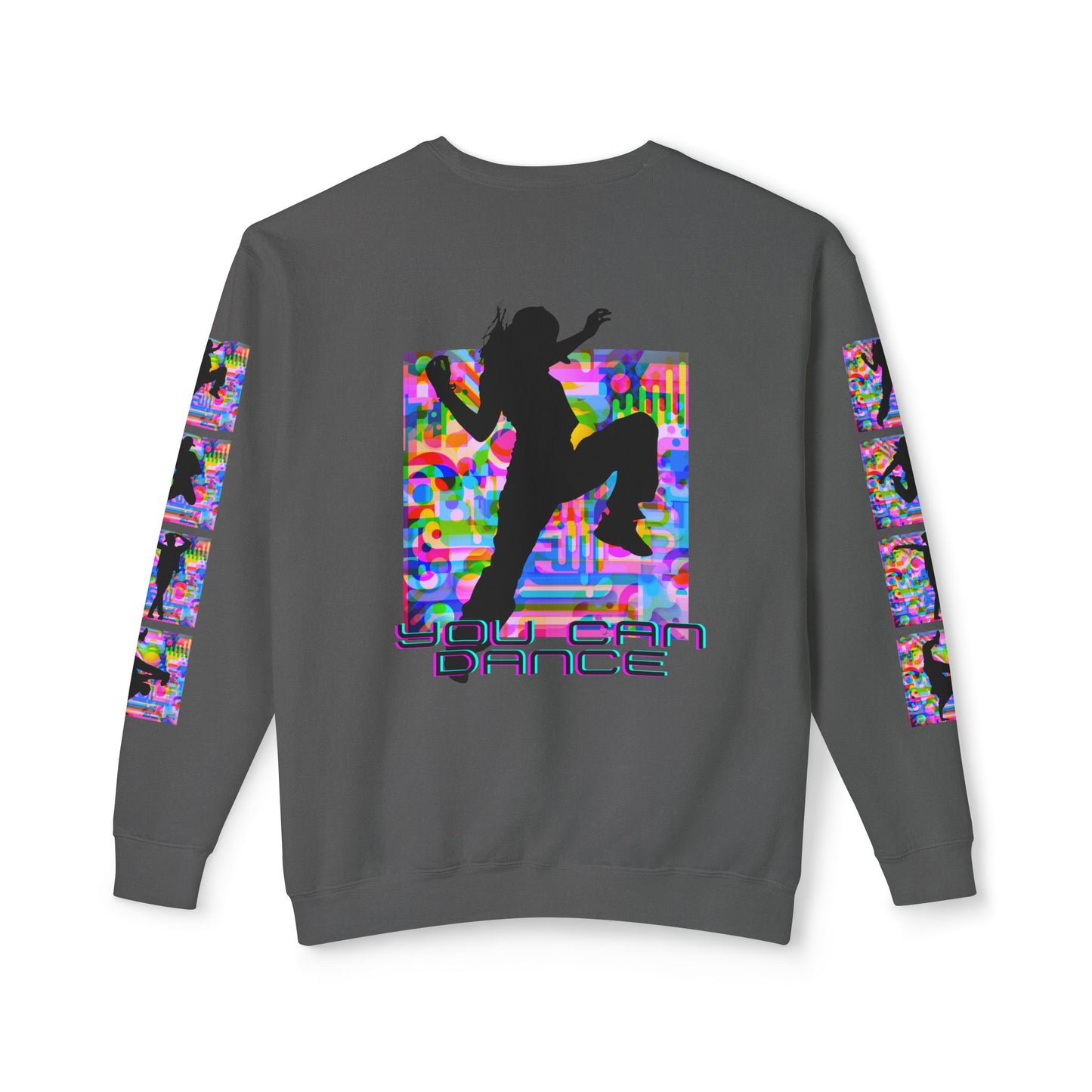 Levels Premium Collection Dance Crewneck Sweatshirt – Vibrant Unisex Streetwear Pullover with "Levels Pictures Textures" Front Text and Dancer Silhouettes on Sleeves