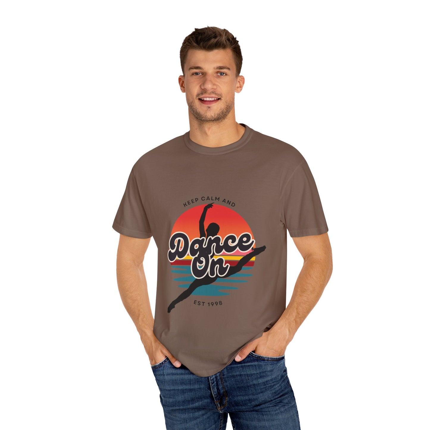 "Keep Calm and Dance On" Unisex Garment-Dyed T-Shirt – Retro Dance Graphic Tee – Vintage-Inspired Comfort Shirt for Dancers
