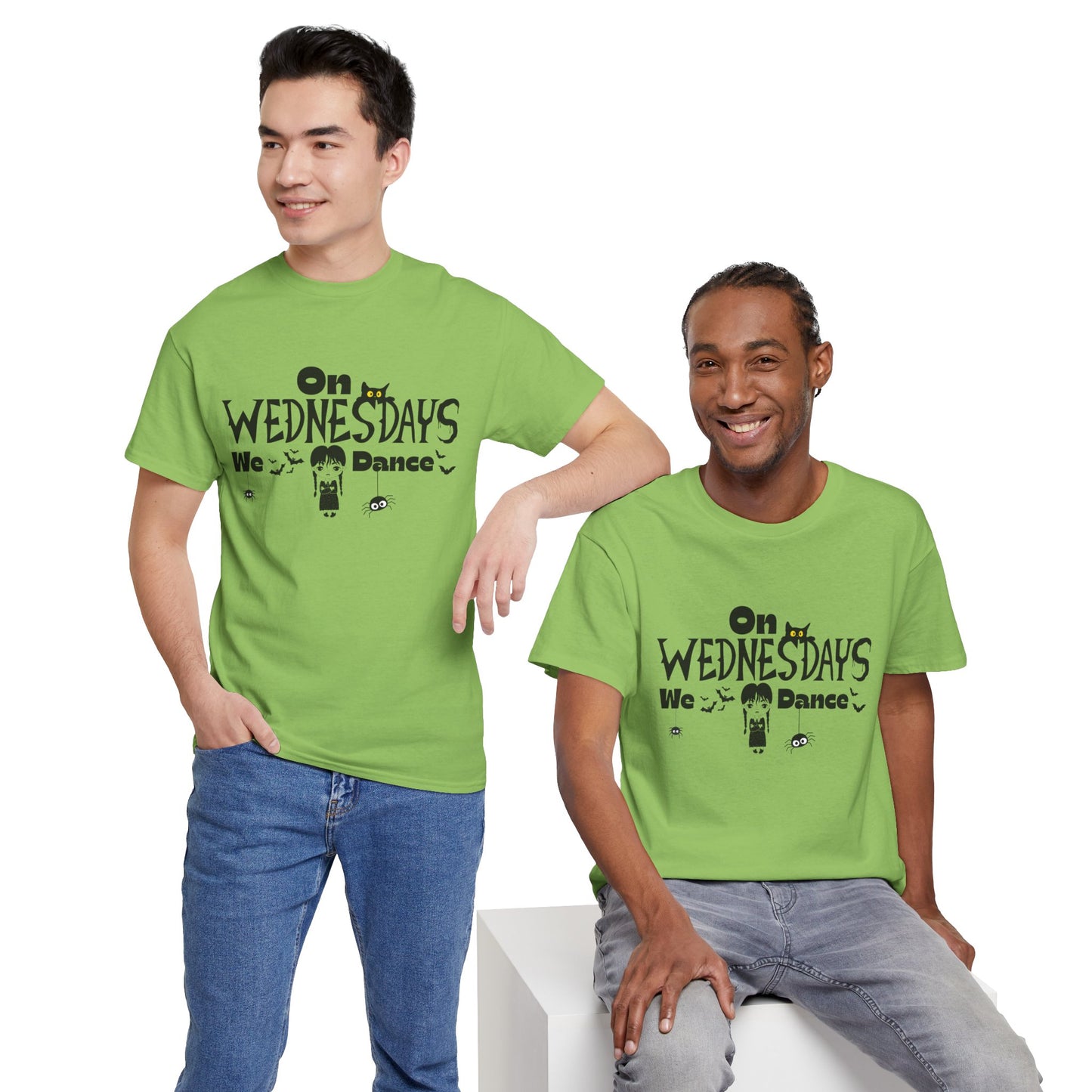 “On Wednesdays We Dance” Gothic Halloween T-Shirt with Cute Girl, Black Cat, Spiders & Bats - Unisex Heavy Cotton Tee
