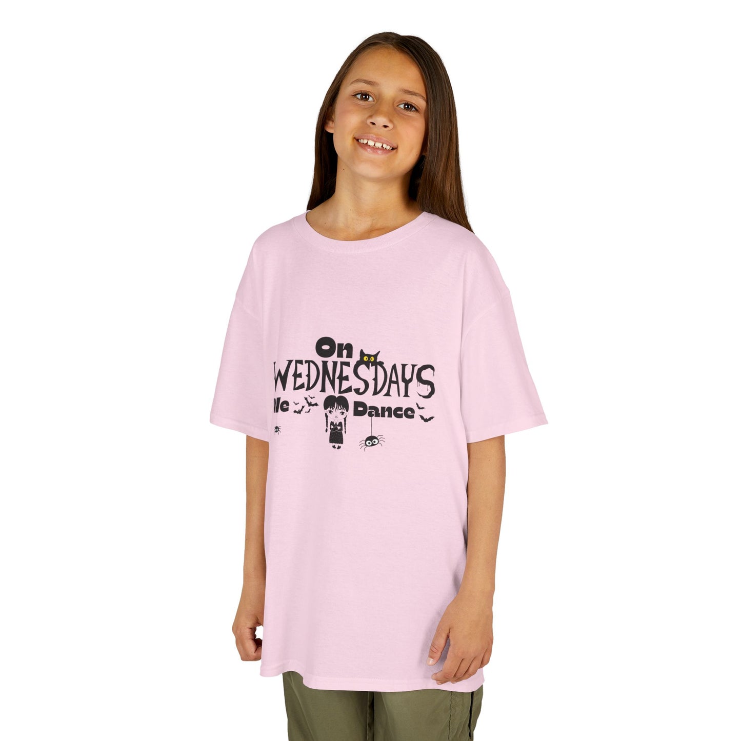 “On Wednesdays We Dance” Gothic Halloween T-Shirt with Cute Girl, Black Cat, Spiders & Bats - Kids Heavy Cotton™ Tee