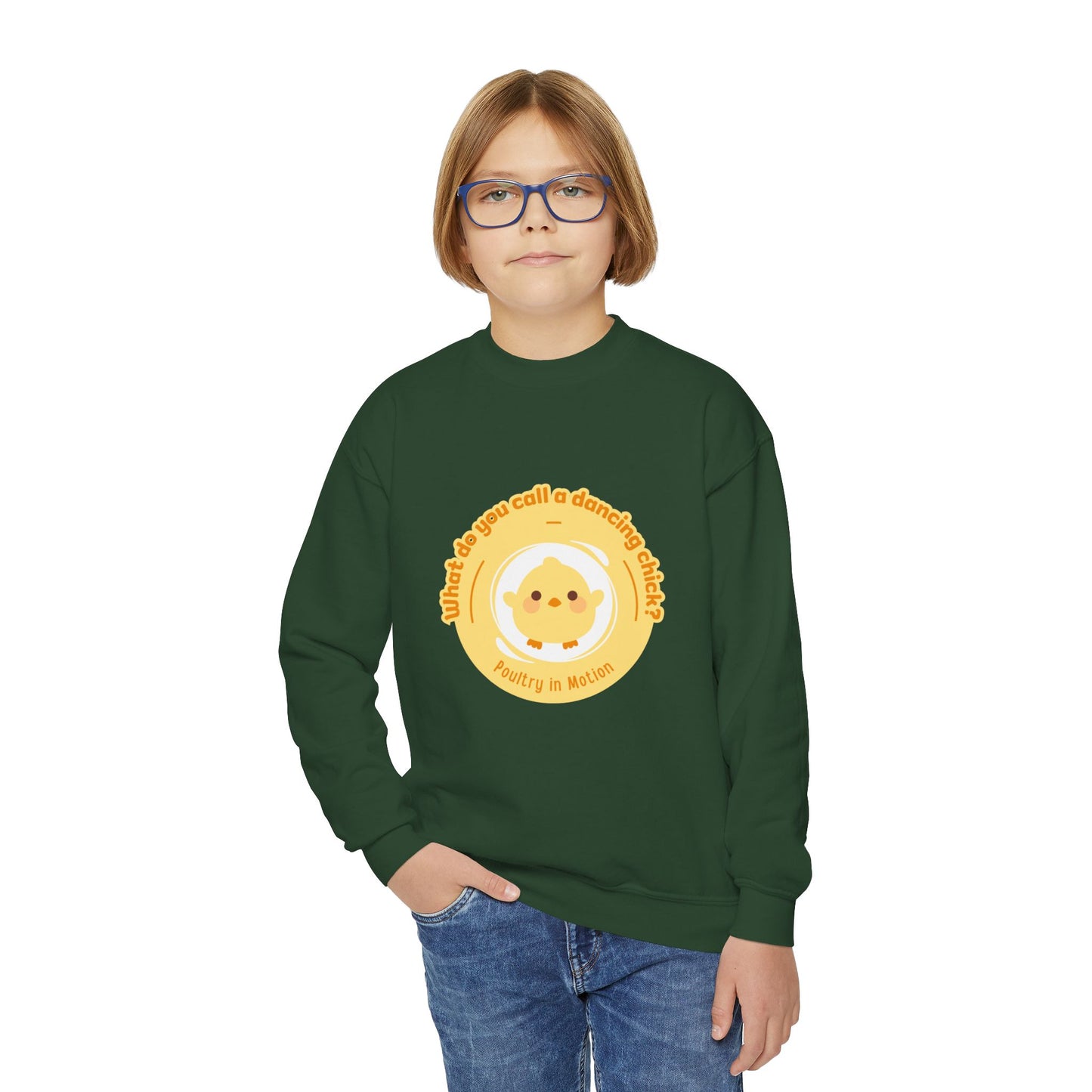 "What do you call a dancing chick? Poultry in Motion." – Funny Dance Pun Youth Crewneck Sweatshirt | Cute Dancing Chicken Kids Pullover