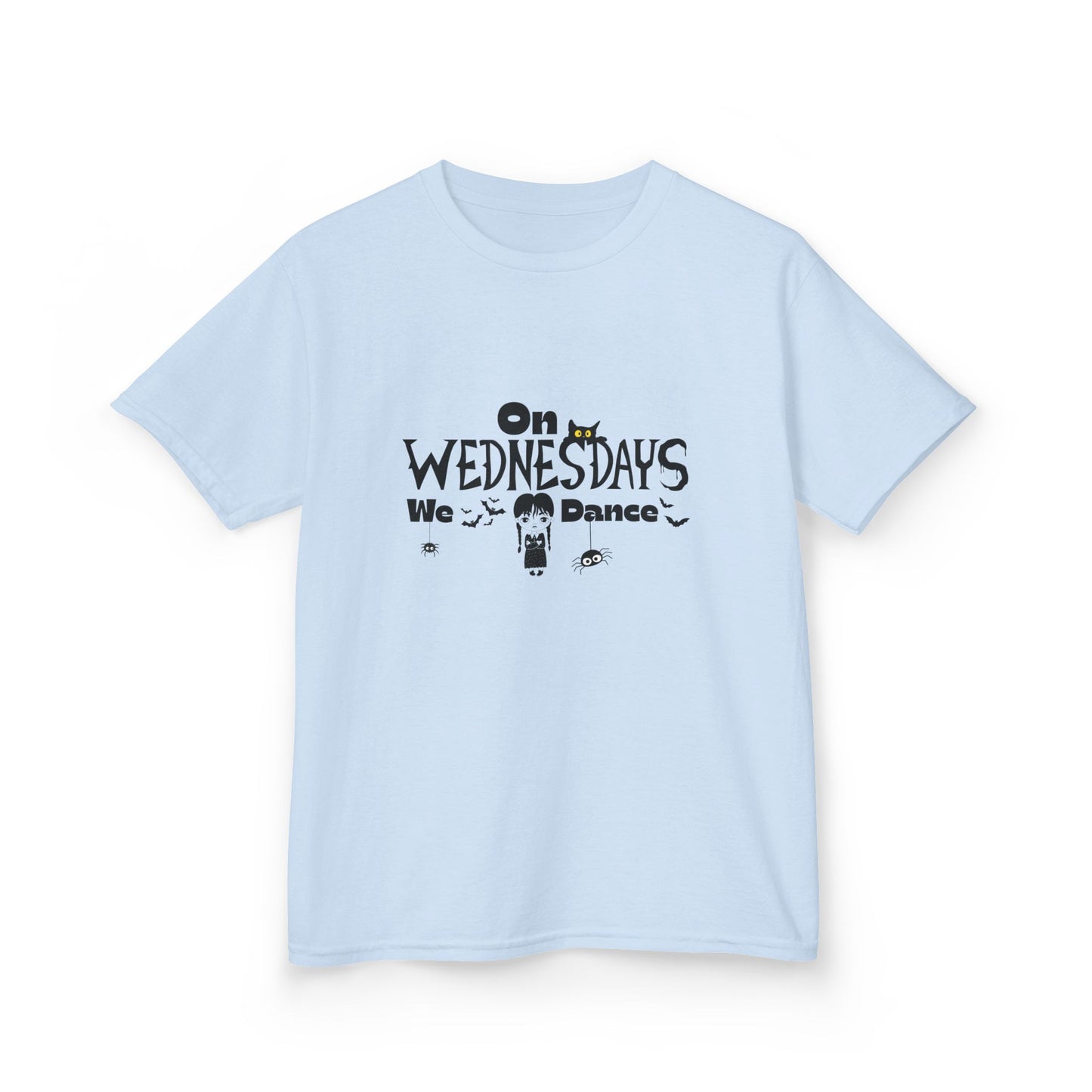“On Wednesdays We Dance” Gothic Halloween T-Shirt with Cute Girl, Black Cat, Spiders & Bats - Kids Heavy Cotton™ Tee
