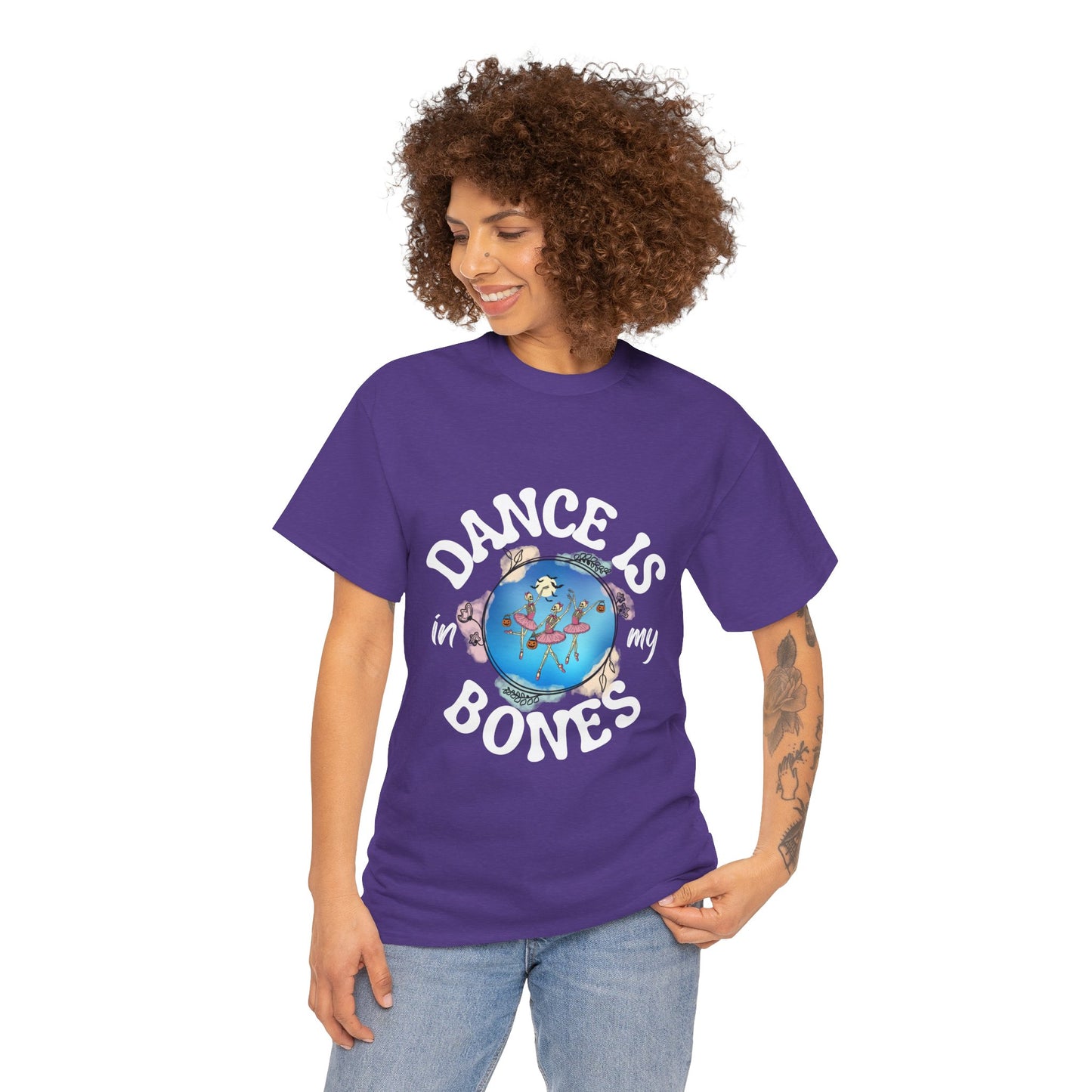 “Dance Is in My Bones” Halloween Dance T-Shirt with Dancing Skeletons Graphic - Unisex Heavy Cotton Tee