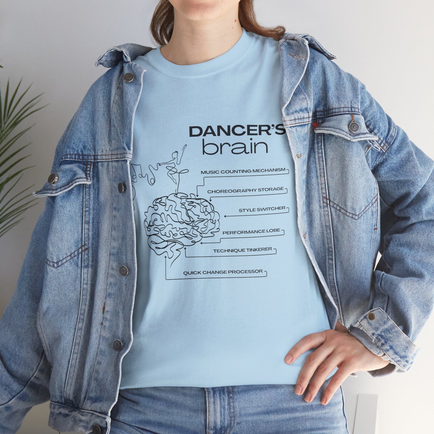 “Dancer’s Brain” Funny Dance Anatomy T-Shirt – Unisex Heavy Cotton Tee with Cute Dancer Brain Diagram and Optional Back Personalization