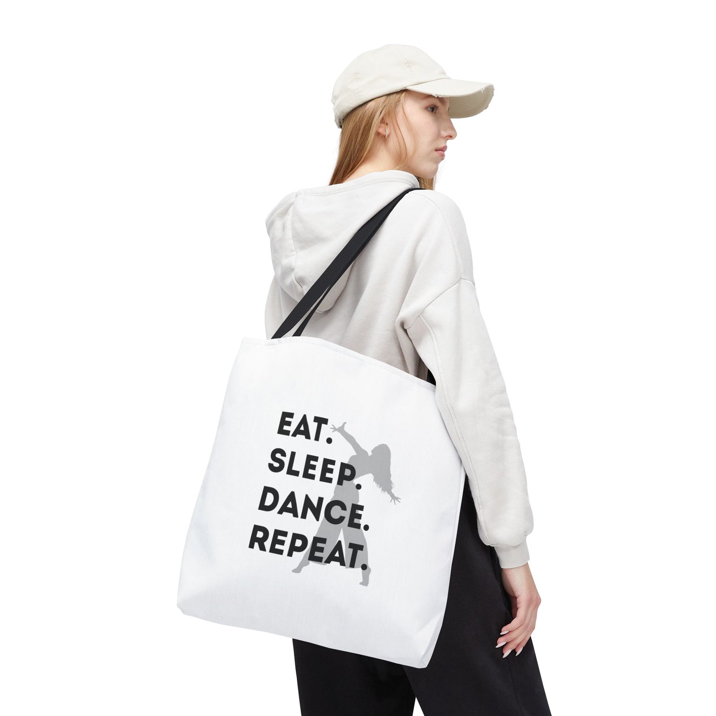 "Eat Sleep Dance Repeat" Canvas Tote Bag – Gray Dancer Silhouette Dance-Themed Reusable Shoulder Bag for Dancers, Studio, or Everyday Use