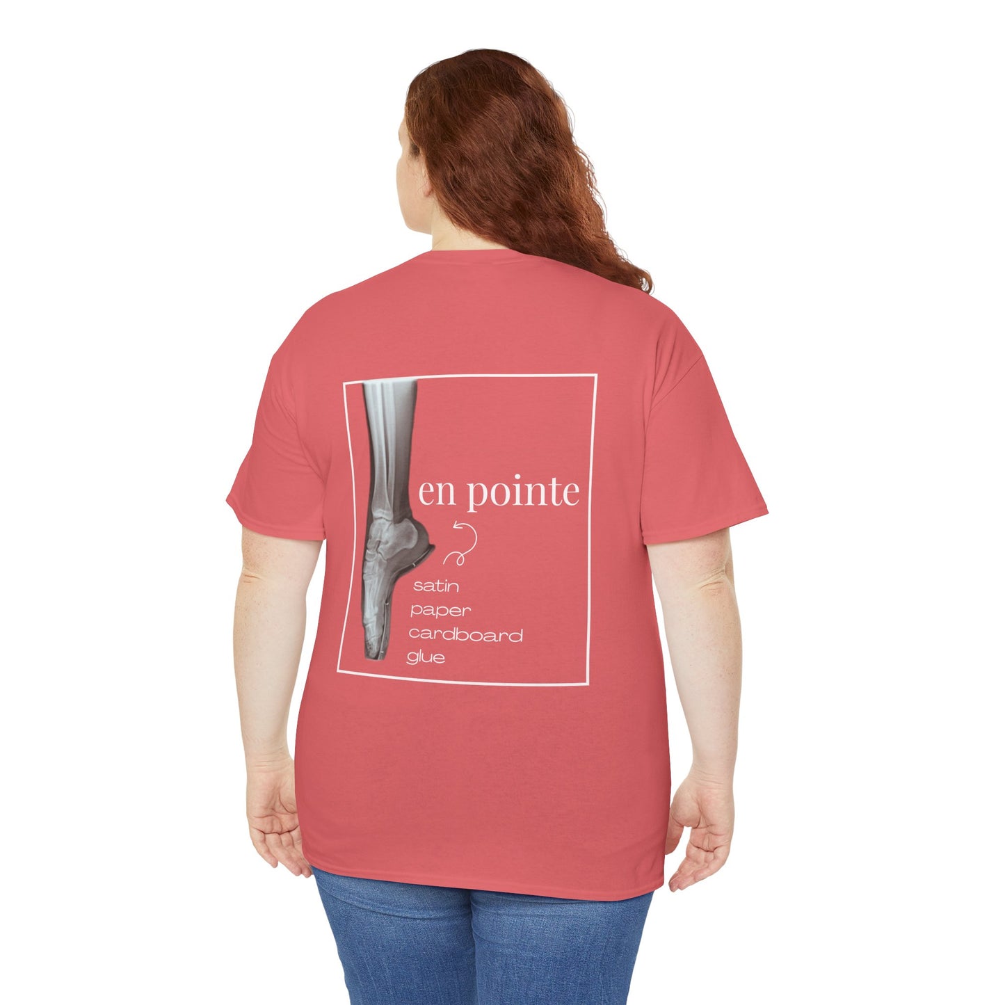“I Dance en Pointe” X-Ray Ballet T-Shirt – Unisex Heavy Cotton Tee Featuring Pointe Shoe Foot Graphic with Optional Name or Studio Personalization on the back