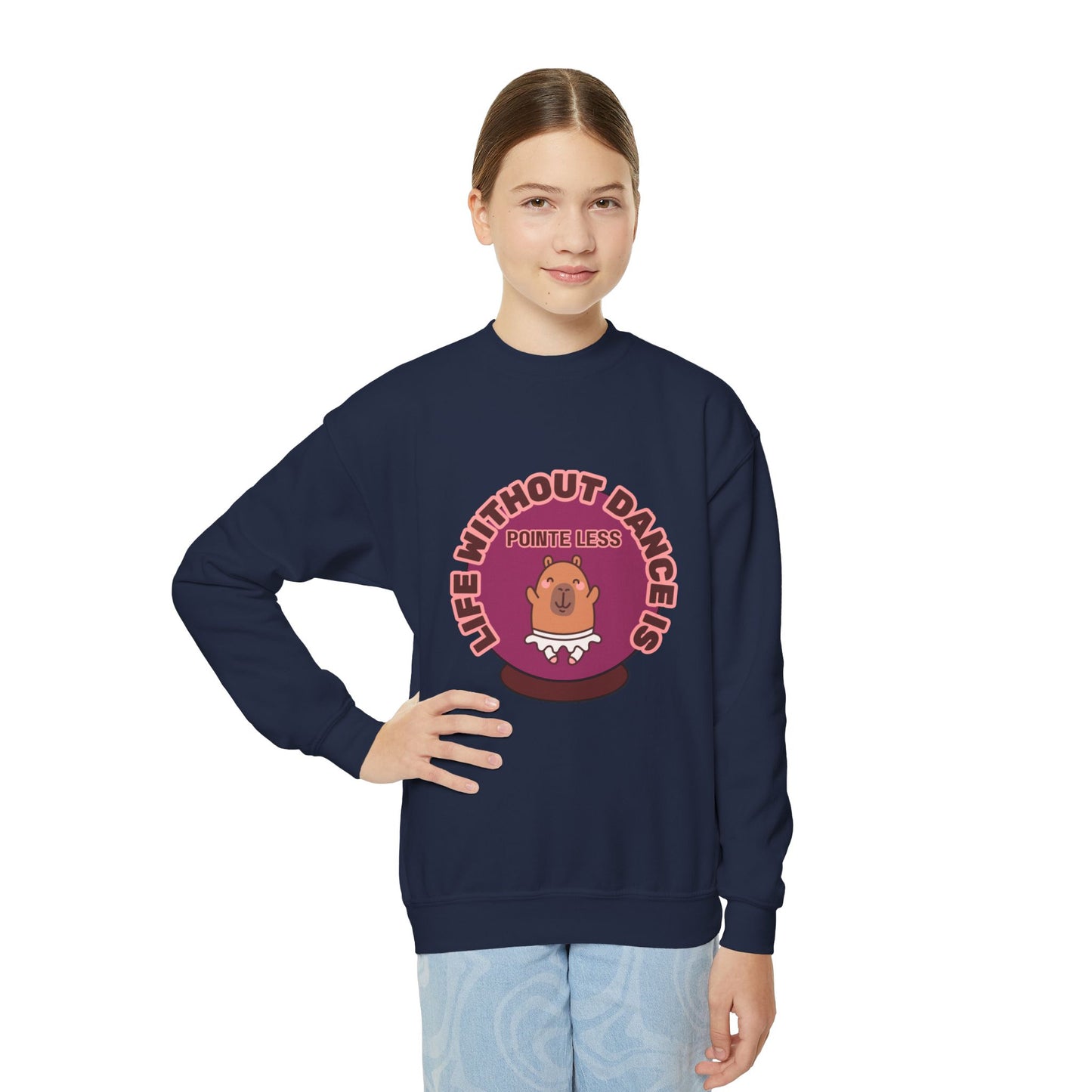 "Life Without Dance Is Pointeless" – Cute Dancing Capybara Youth Crewneck Sweatshirt | Funny Animal Dance Kids Pullover