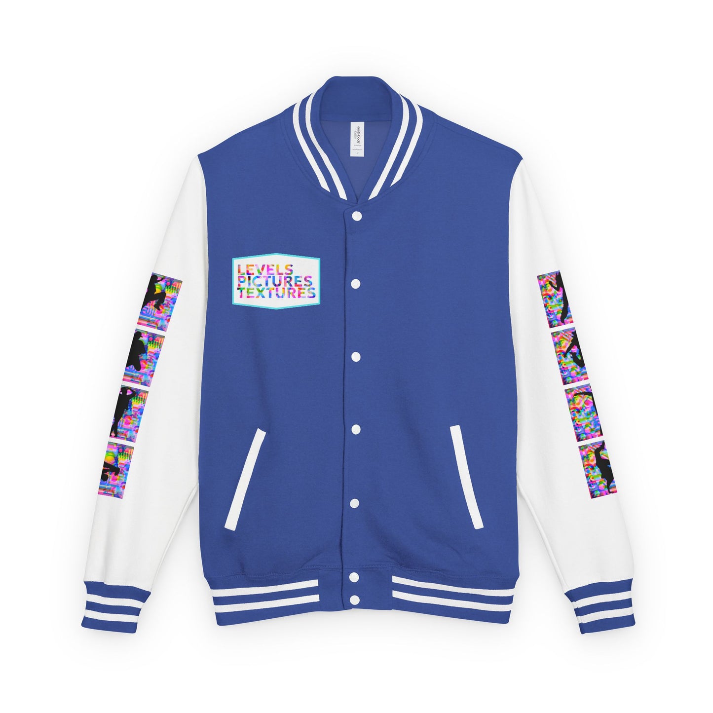Levels Premium Collection Dance Letterman Jacket β Colorful Unisex Streetwear Varsity Jacket with "Levels Pictures Textures" Front and Dancer Silhouette Back Graphic