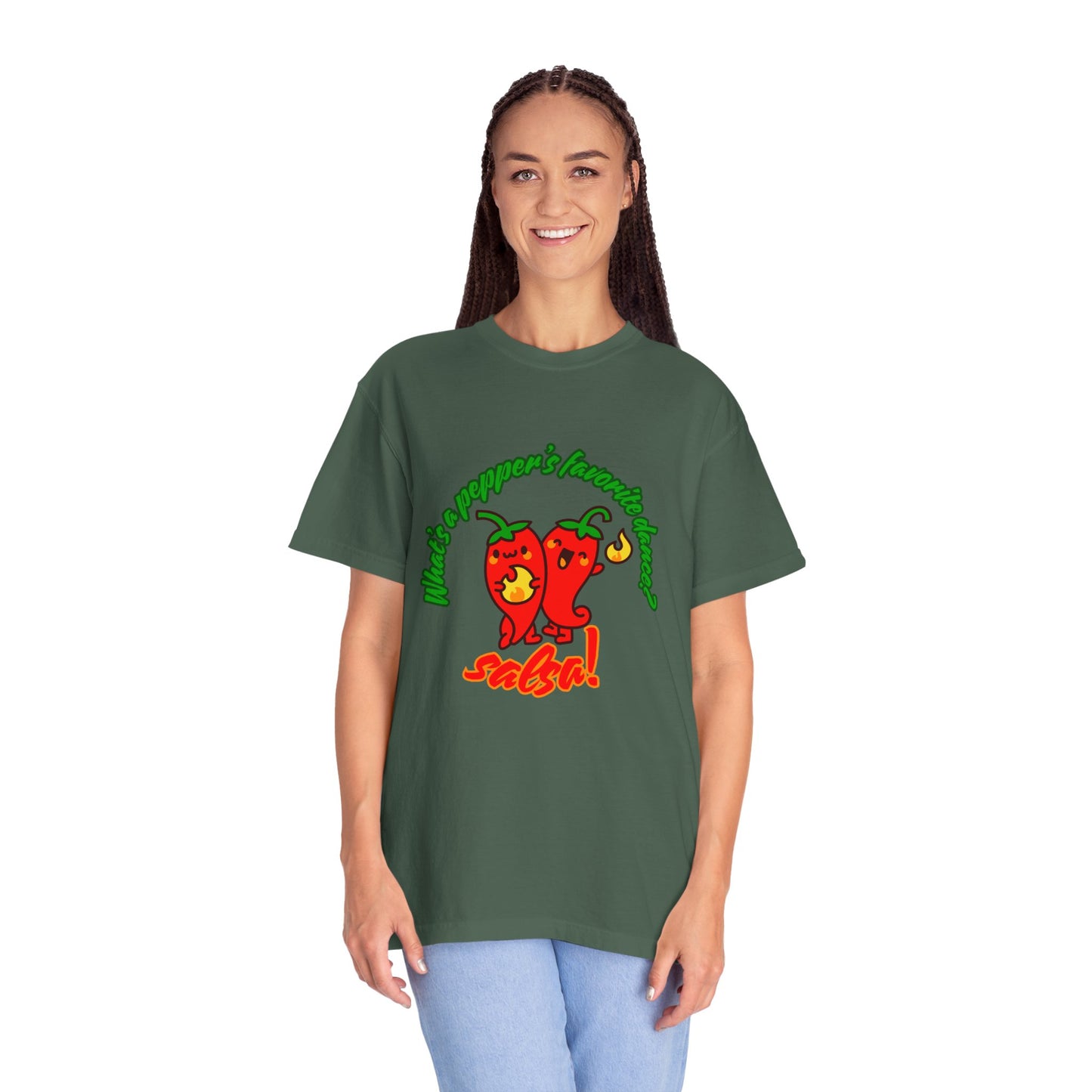 "What's a Pepper's Favorite Dance? Salsa!" Dance Pun Unisex Garment-Dyed T-Shirt – Funny Dance Joke Tee with Cute Pepper Graphic – Dance Humor Shirt for Food & Pun Lovers