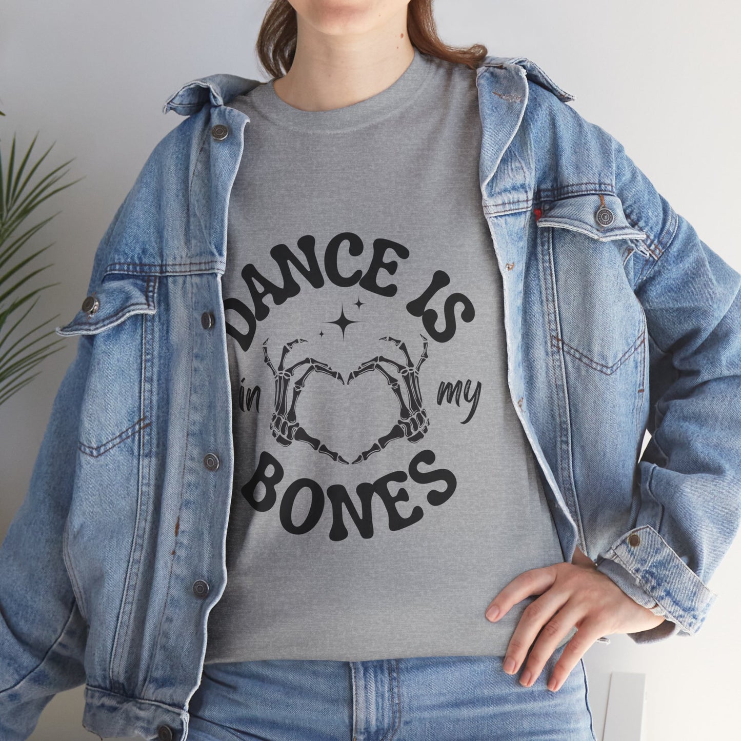 “Dance Is in My Bones” Halloween Dance T-Shirt with Cute Skeleton Heart Graphic - Unisex Heavy Cotton Tee
