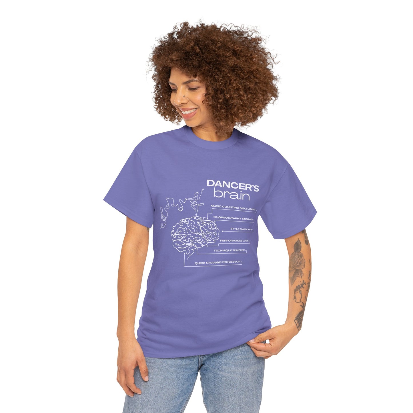 “Dancer’s Brain” Funny Dance Anatomy T-Shirt – Unisex Heavy Cotton Tee with Cute Dancer Brain Diagram and Optional Back Personalization