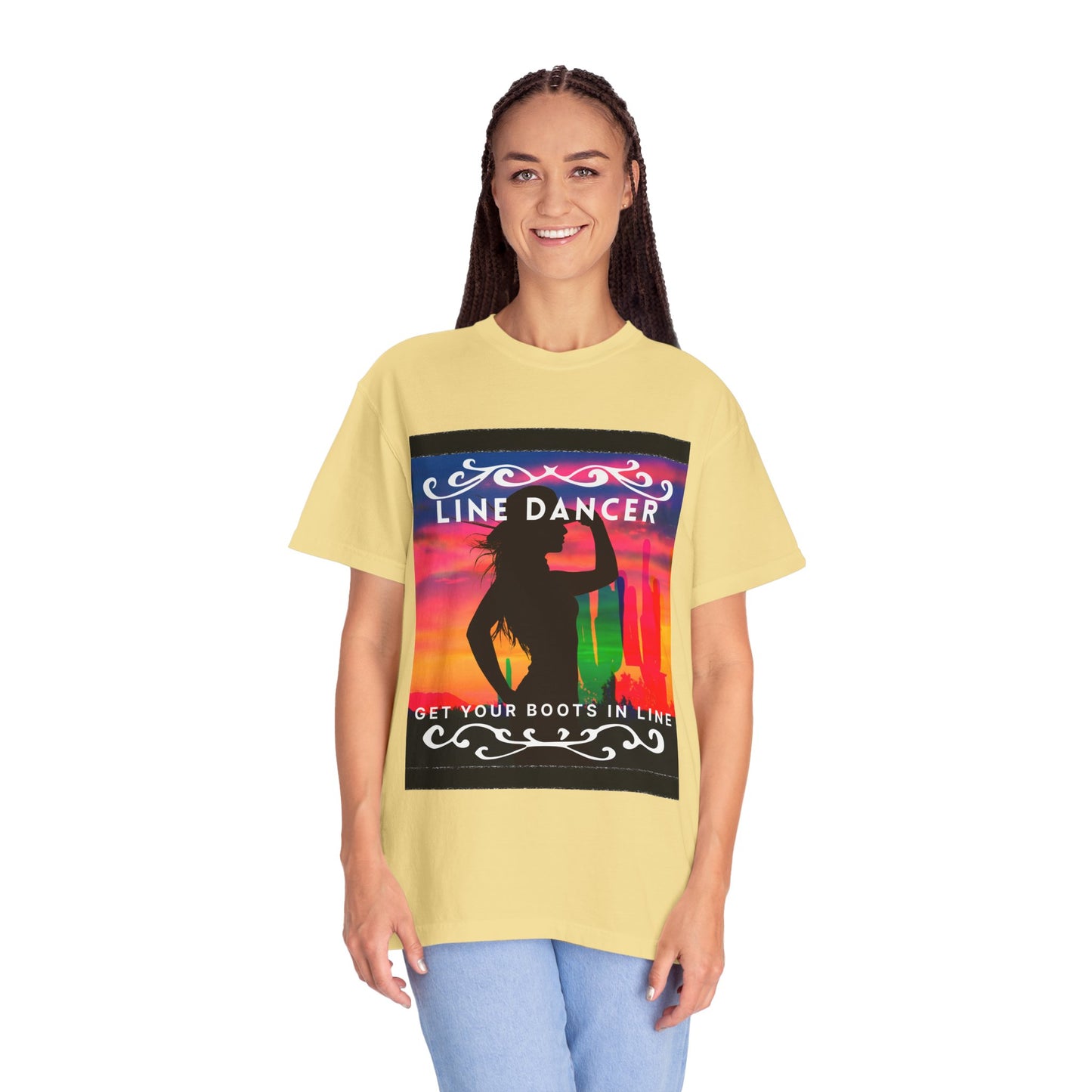 "Line Dancer" Unisex Garment-Dyed T-Shirt – Western Country Dance Graphic Tee – 'Get Your Boots in Line' Cowboy-Inspired Shirt