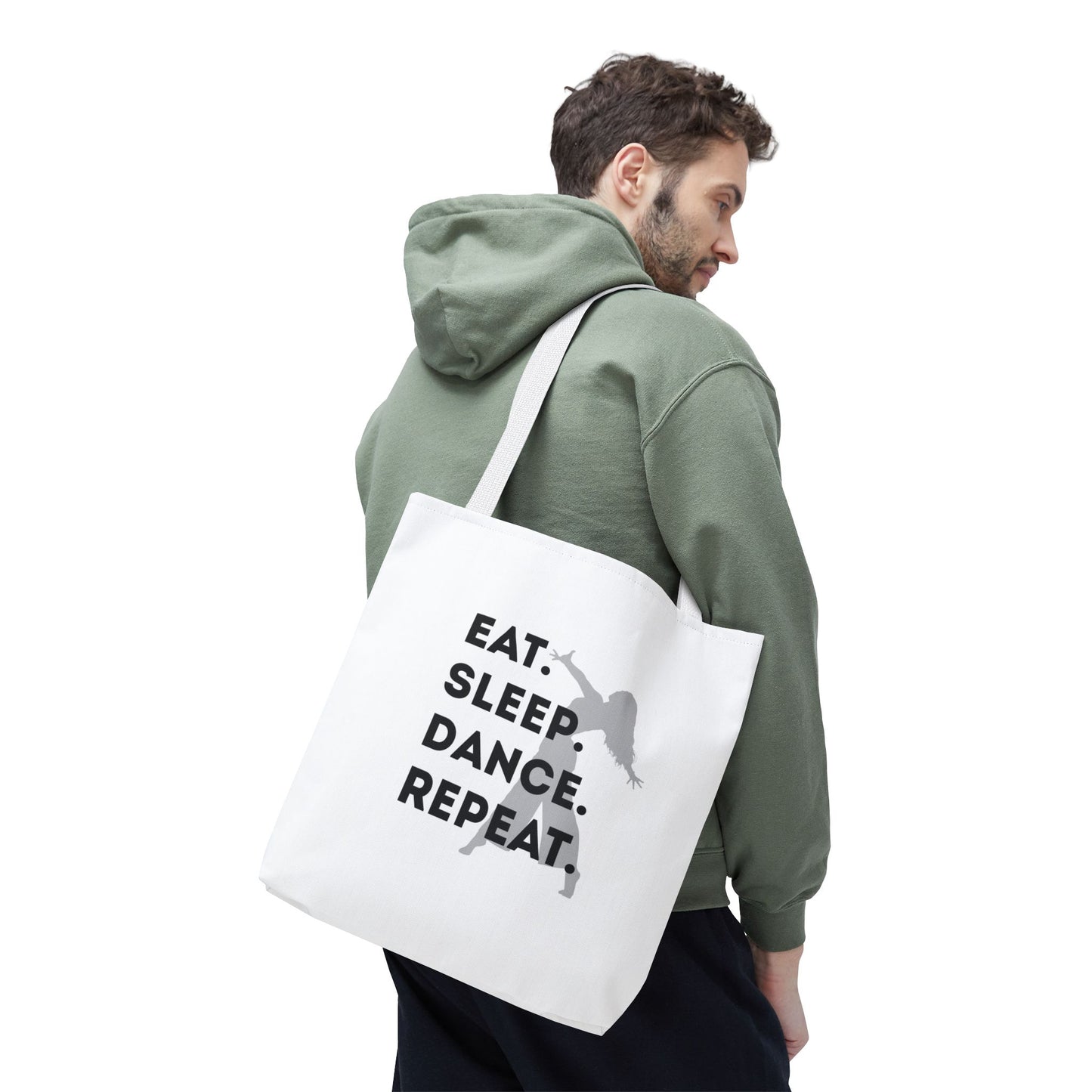"Eat Sleep Dance Repeat" Canvas Tote Bag – Gray Dancer Silhouette Dance-Themed Reusable Shoulder Bag for Dancers, Studio, or Everyday Use