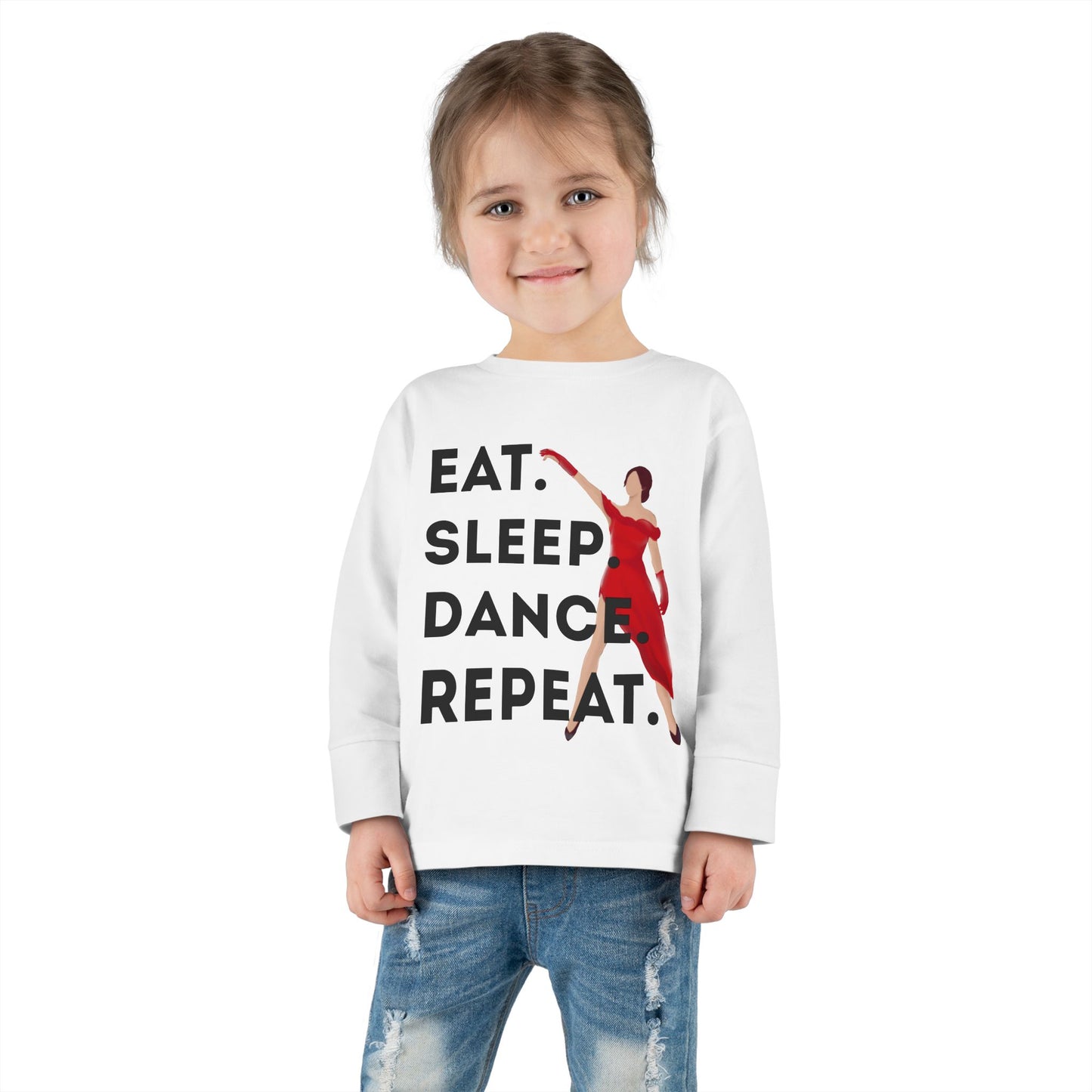 "Eat, Sleep, Dance, Repeat" Toddler Dance Long Sleeve T-Shirt – Bold Dancer Graphic Shirt for Kids