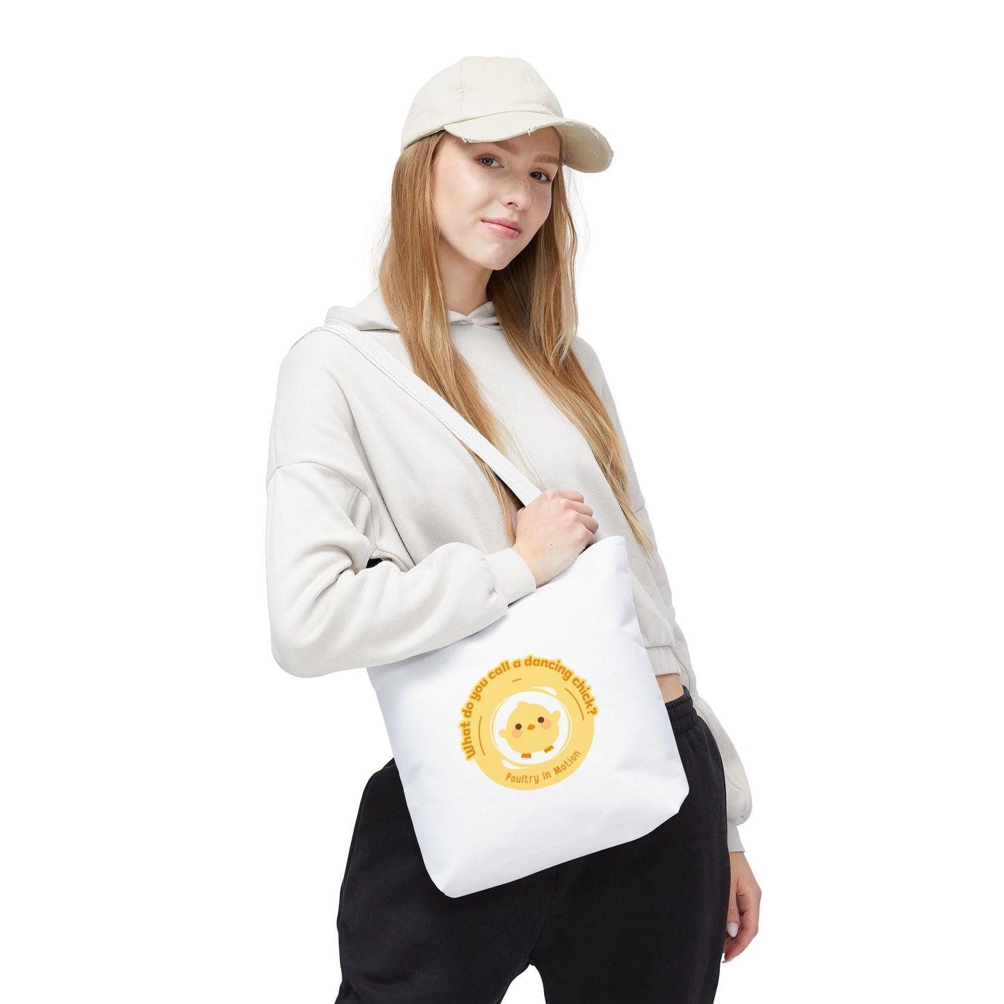 "What do you call a dancing chick? Poultry in Motion" Funny Dance Tote Bag – Kawaii Chicken Canvas Tote for Dancers & Dance Lovers