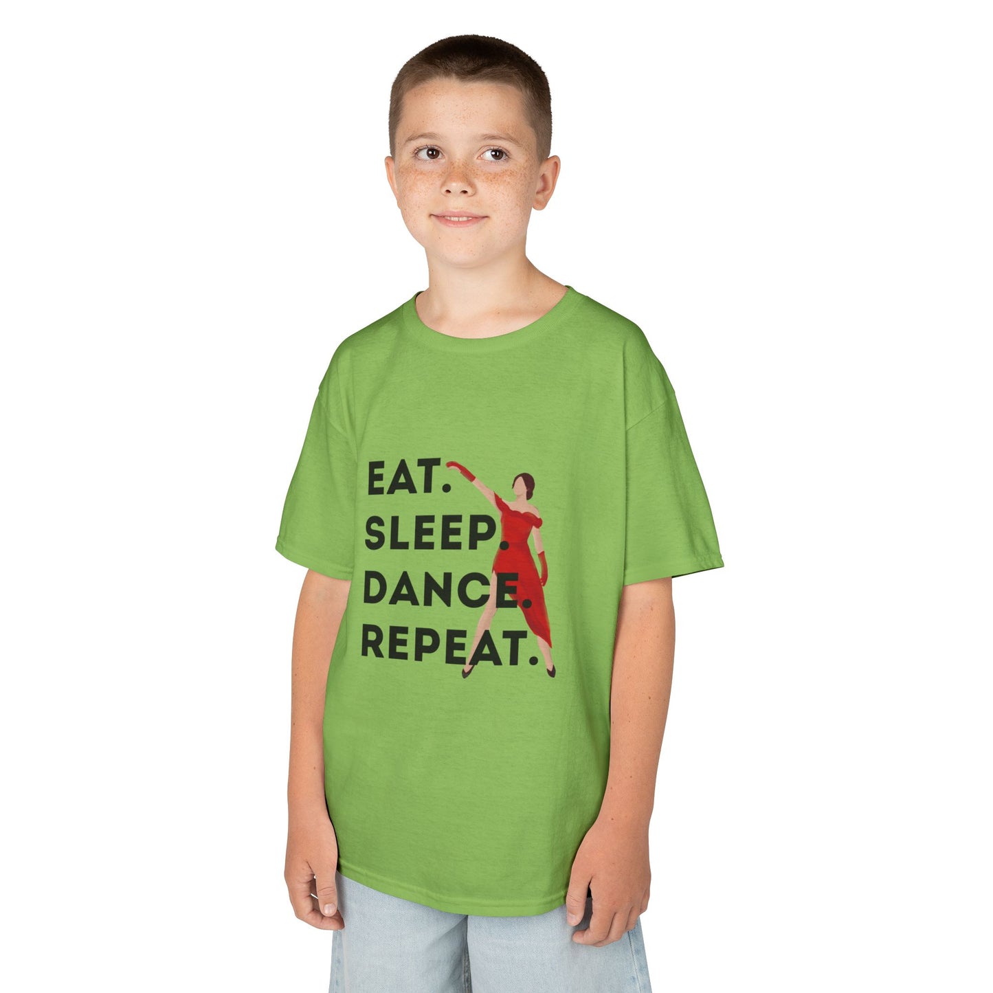 "Eat Sleep Dance Repeat” Youth Short Sleeve Tee – Bold Dancer Graphic Dance Shirt for Kids and Young Performers