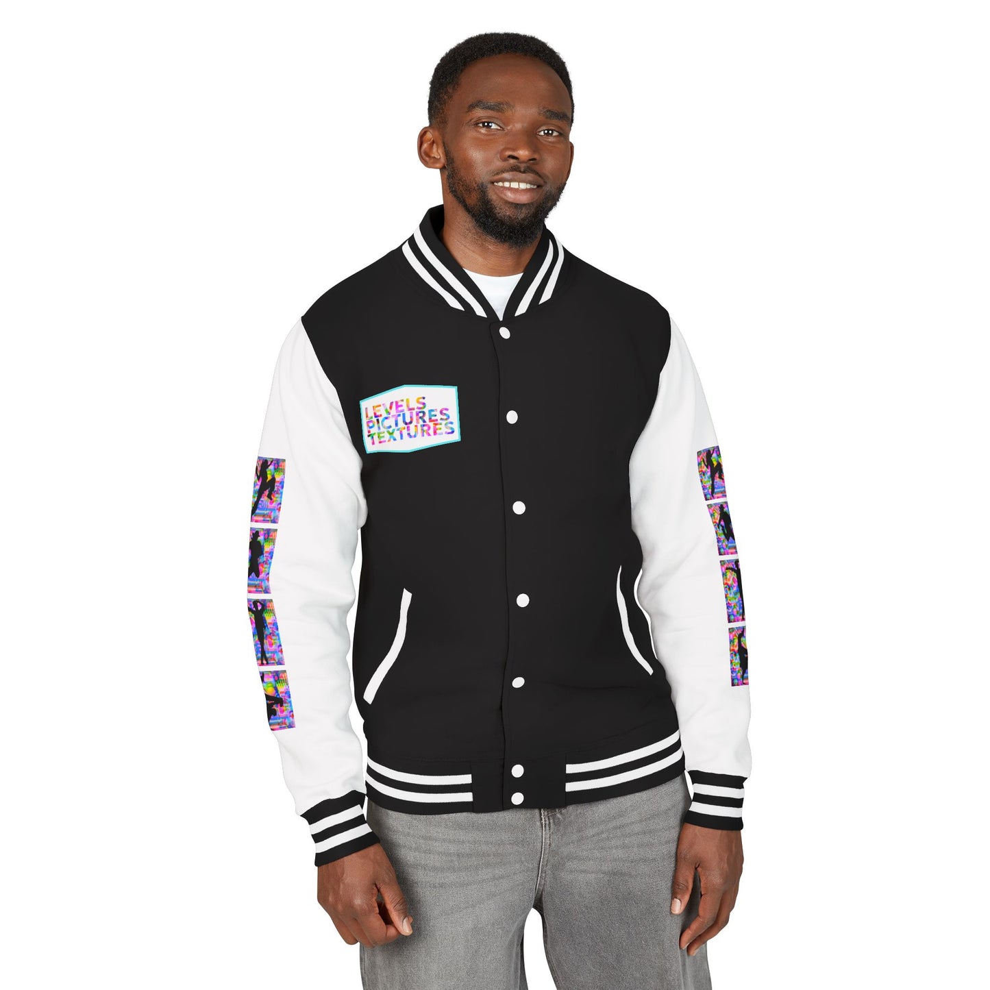Levels Premium Collection Dance Letterman Jacket β Colorful Unisex Streetwear Varsity Jacket with "Levels Pictures Textures" Front and Dancer Silhouette Back Graphic