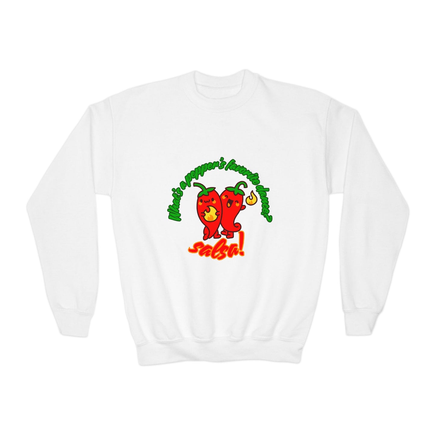 "What's a pepper's favorite dance? Salsa!" – Funny Dance Pun Youth Crewneck Sweatshirt | Cute Pepper Graphic Kids Pullover for Dancers