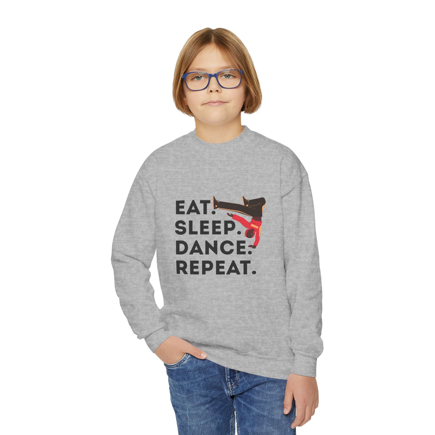 "Eat Sleep Dance Repeat" – Bold B-Boy Graphic Youth Crewneck Sweatshirt | Hip Hop Dance Kids Pullover