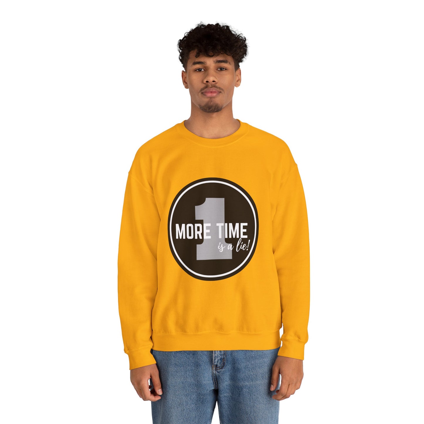 "One More Time Is a Lie." Unisex Heavy Blend Crewneck Sweatshirt – Bold Emblem Graphic Dance Teacher Quote Pullover for Dancers & Studio Life