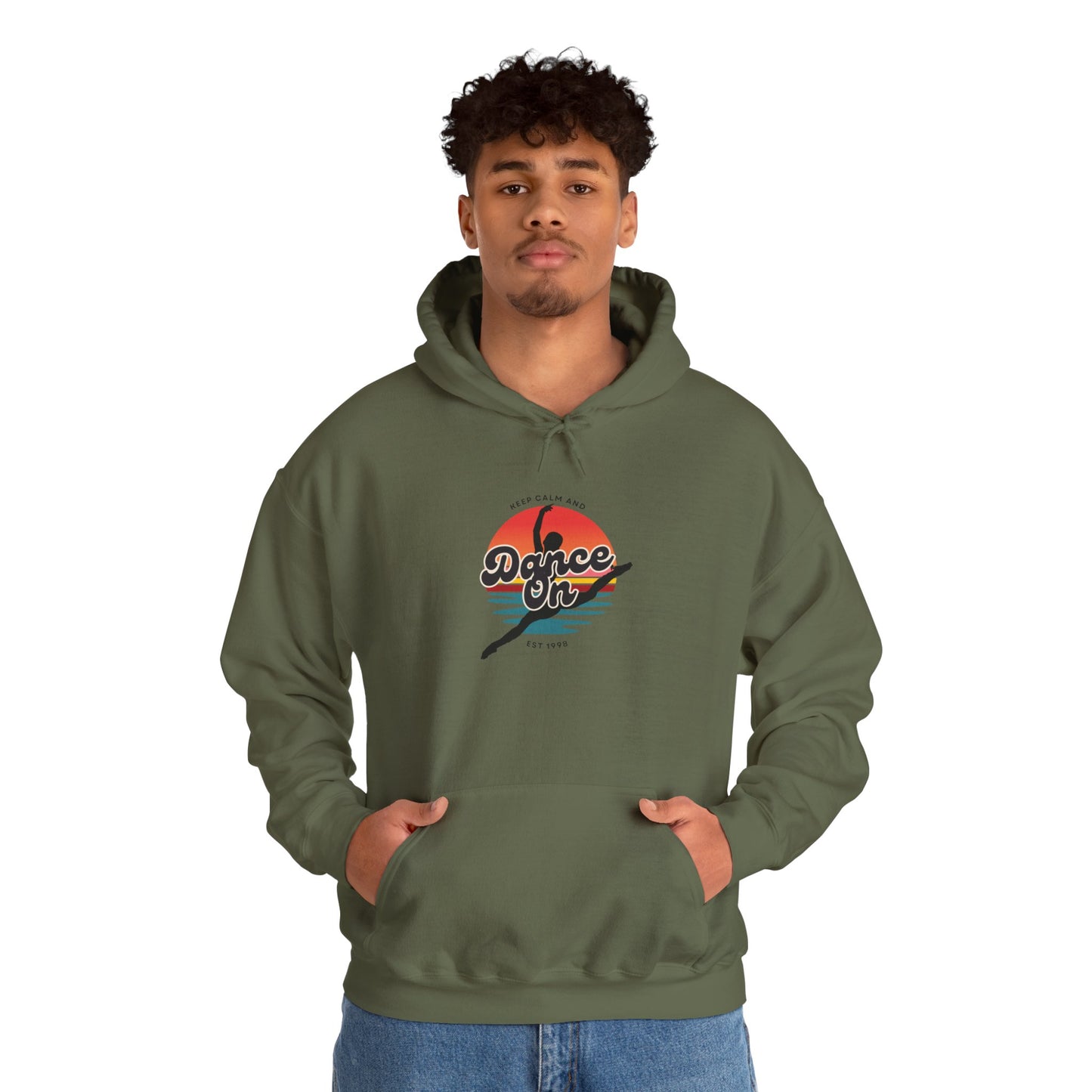 “Keep Calm and Dance On” Retro Hoodie – Unisex Dance-Inspired Hooded Sweatshirt for Dancers & Movement Lovers