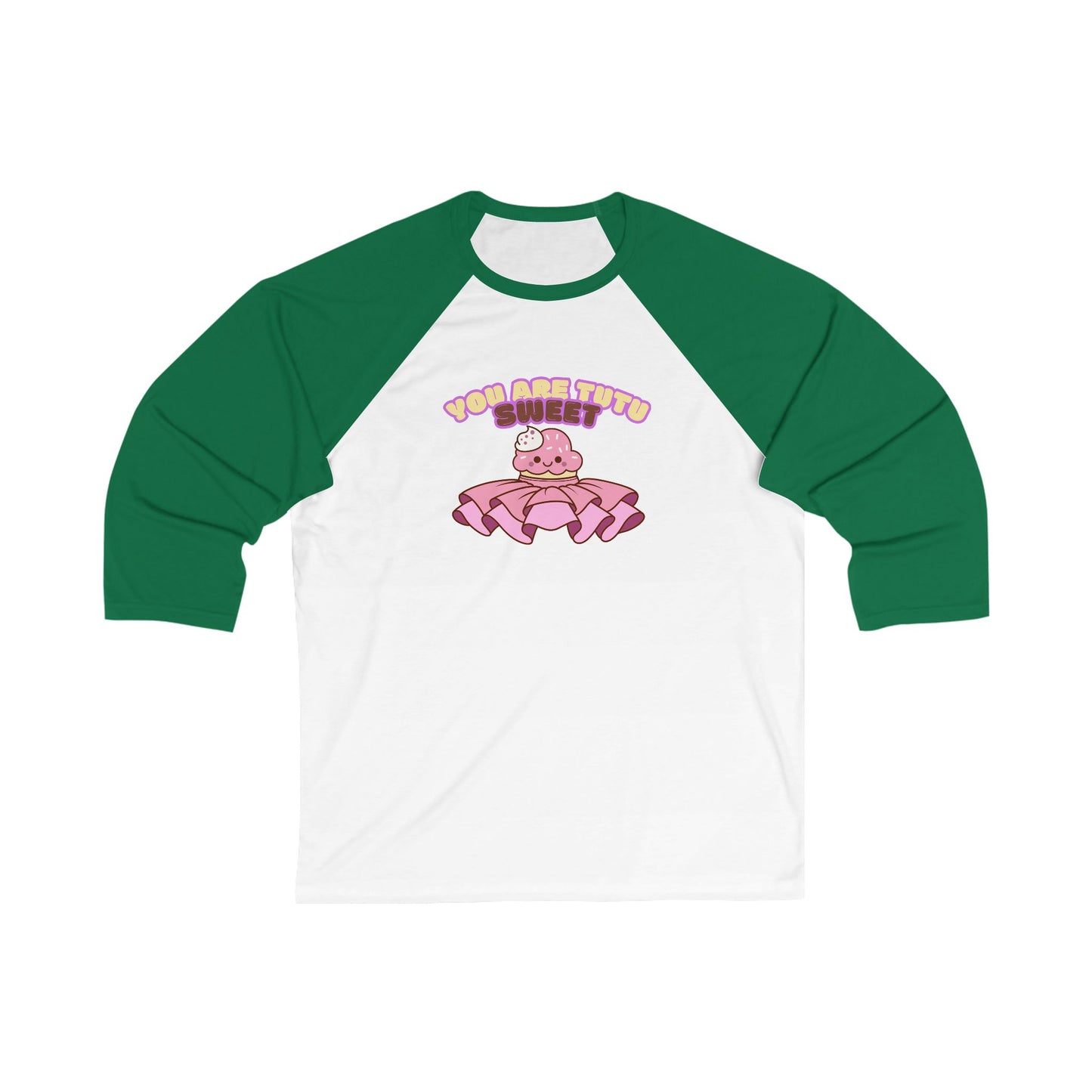 "You Are Tutu Sweet" Unisex 3/4 Sleeve Baseball Tee – Cute Dance Shirt with Kawaii Cupcake in Tutu Graphic for Dancers