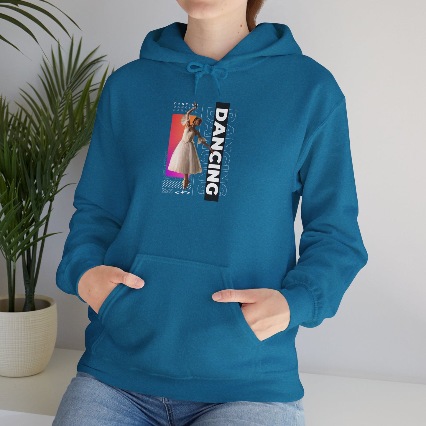 “Dancing” Text with Streetwear-Style Female Dancer Graphic - Unisex Heavy Blend™ Hooded Sweatshirt – Cozy Dance Hoodie for Ballet & Hip-Hop Enthusiasts
