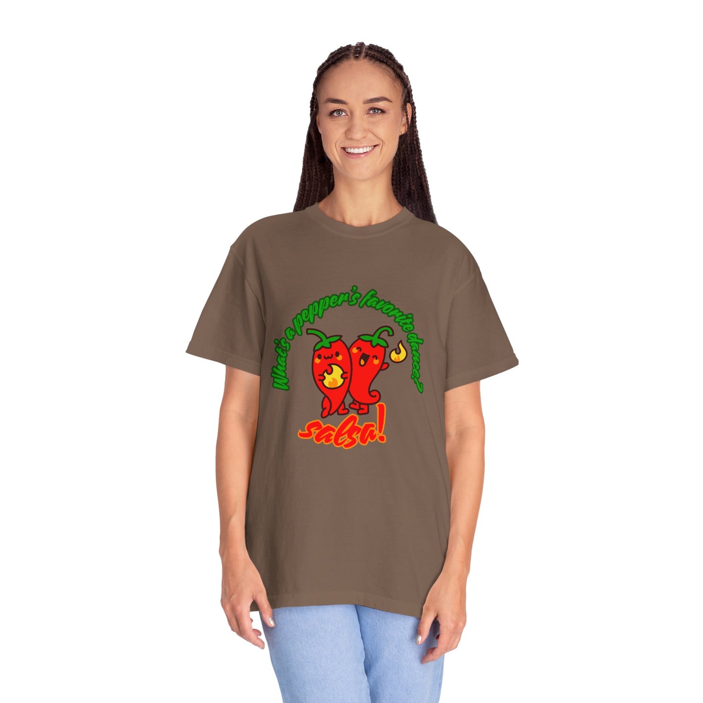 "What's a Pepper's Favorite Dance? Salsa!" Dance Pun Unisex Garment-Dyed T-Shirt – Funny Dance Joke Tee with Cute Pepper Graphic – Dance Humor Shirt for Food & Pun Lovers