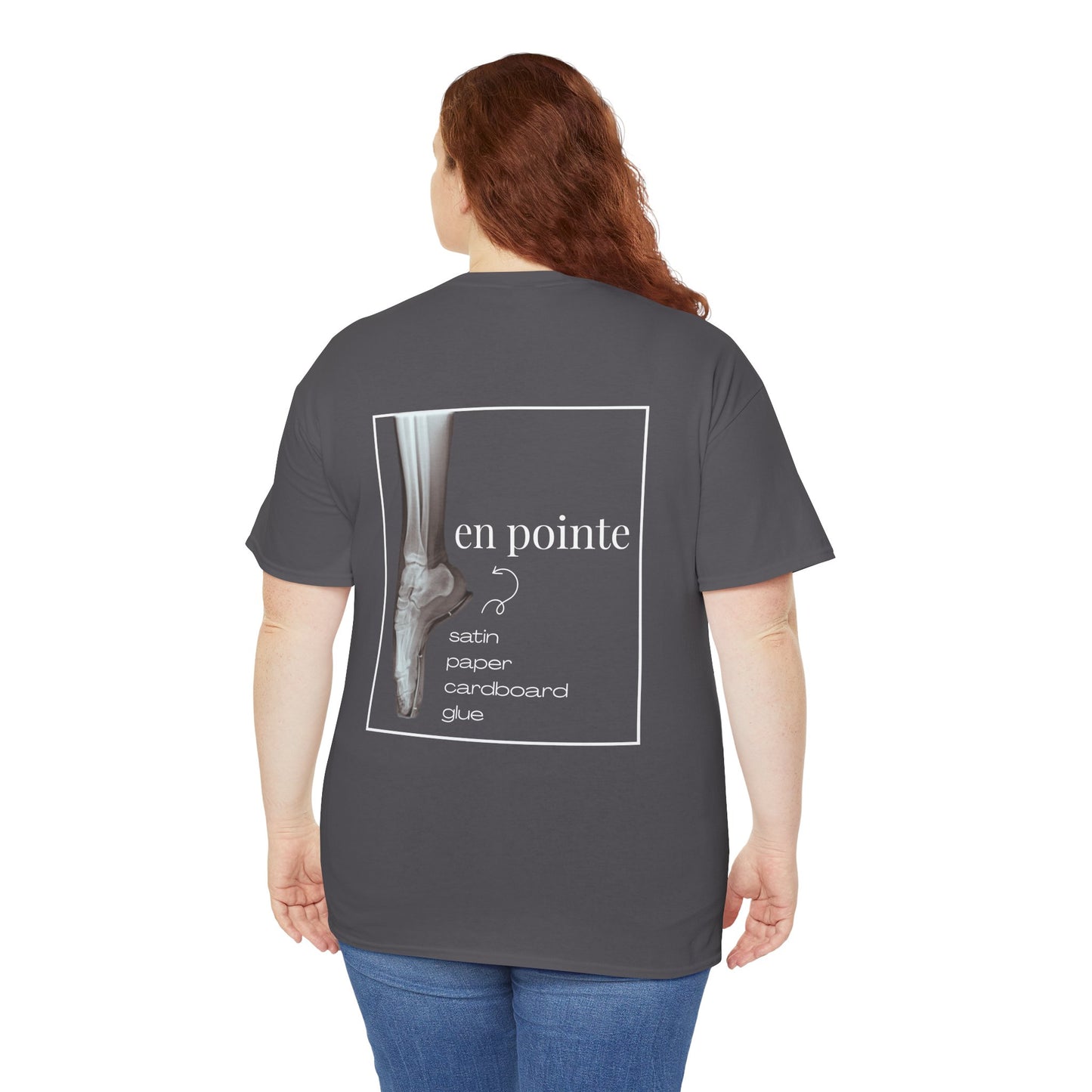 “I Dance en Pointe” X-Ray Ballet T-Shirt – Unisex Heavy Cotton Tee Featuring Pointe Shoe Foot Graphic with Optional Name or Studio Personalization on the back