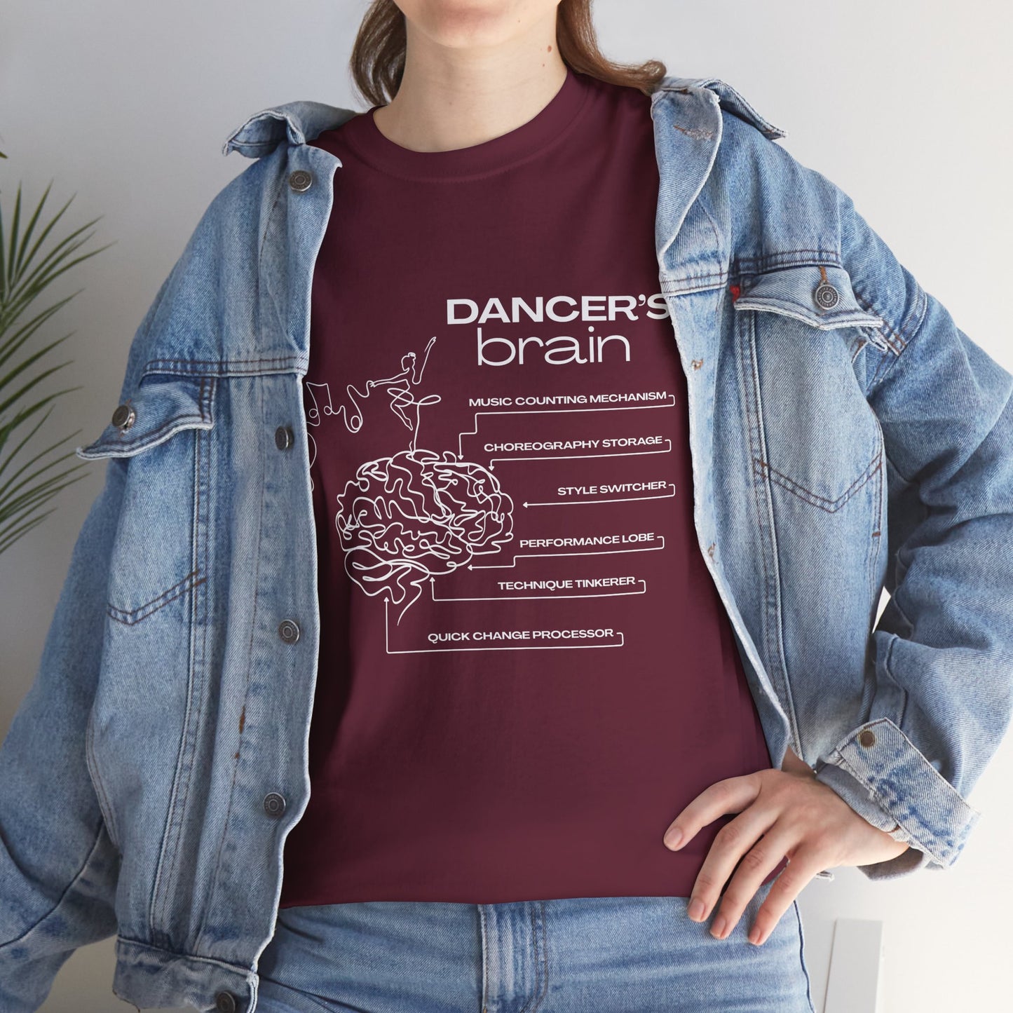 “Dancer’s Brain” Funny Dance Anatomy T-Shirt – Unisex Heavy Cotton Tee with Cute Dancer Brain Diagram and Optional Back Personalization