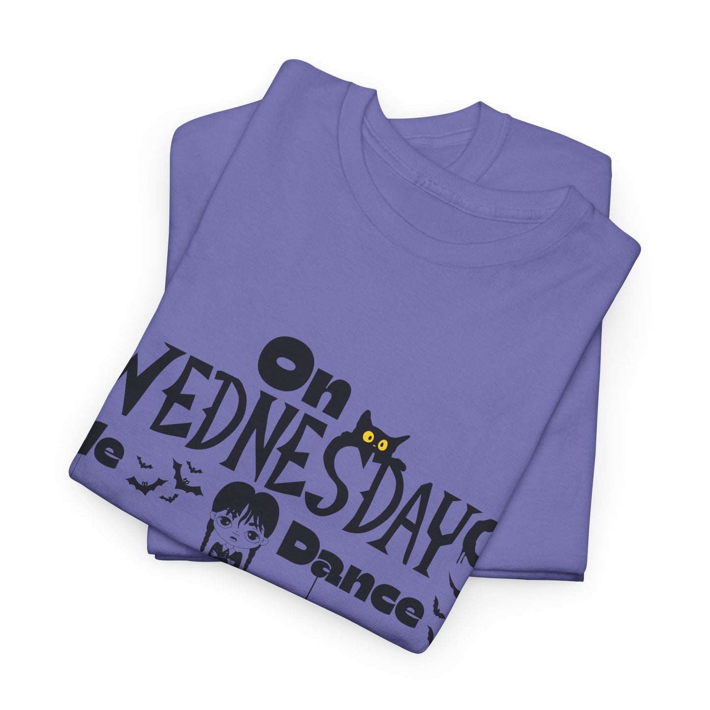 “On Wednesdays We Dance” Gothic Halloween T-Shirt with Cute Girl, Black Cat, Spiders & Bats - Unisex Heavy Cotton Tee