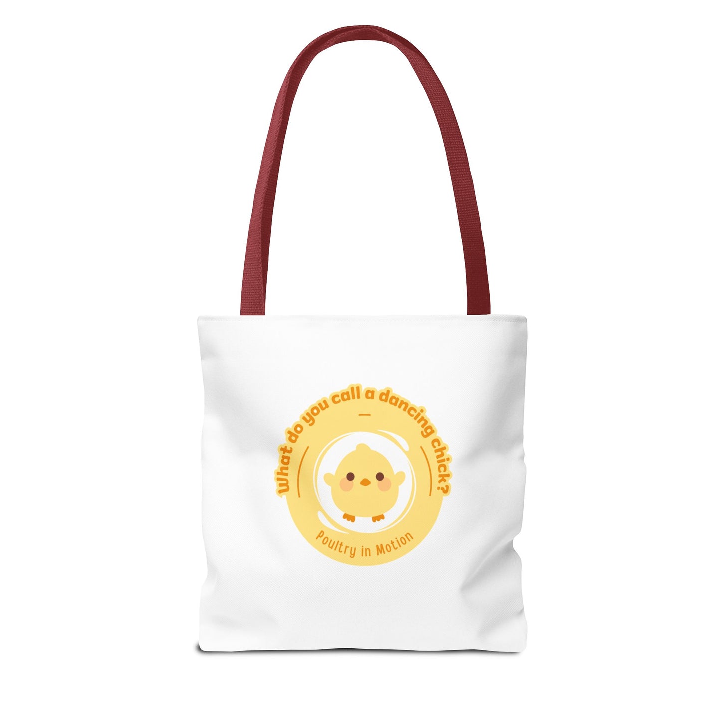 "What do you call a dancing chick? Poultry in Motion" Funny Dance Tote Bag – Kawaii Chicken Canvas Tote for Dancers & Dance Lovers
