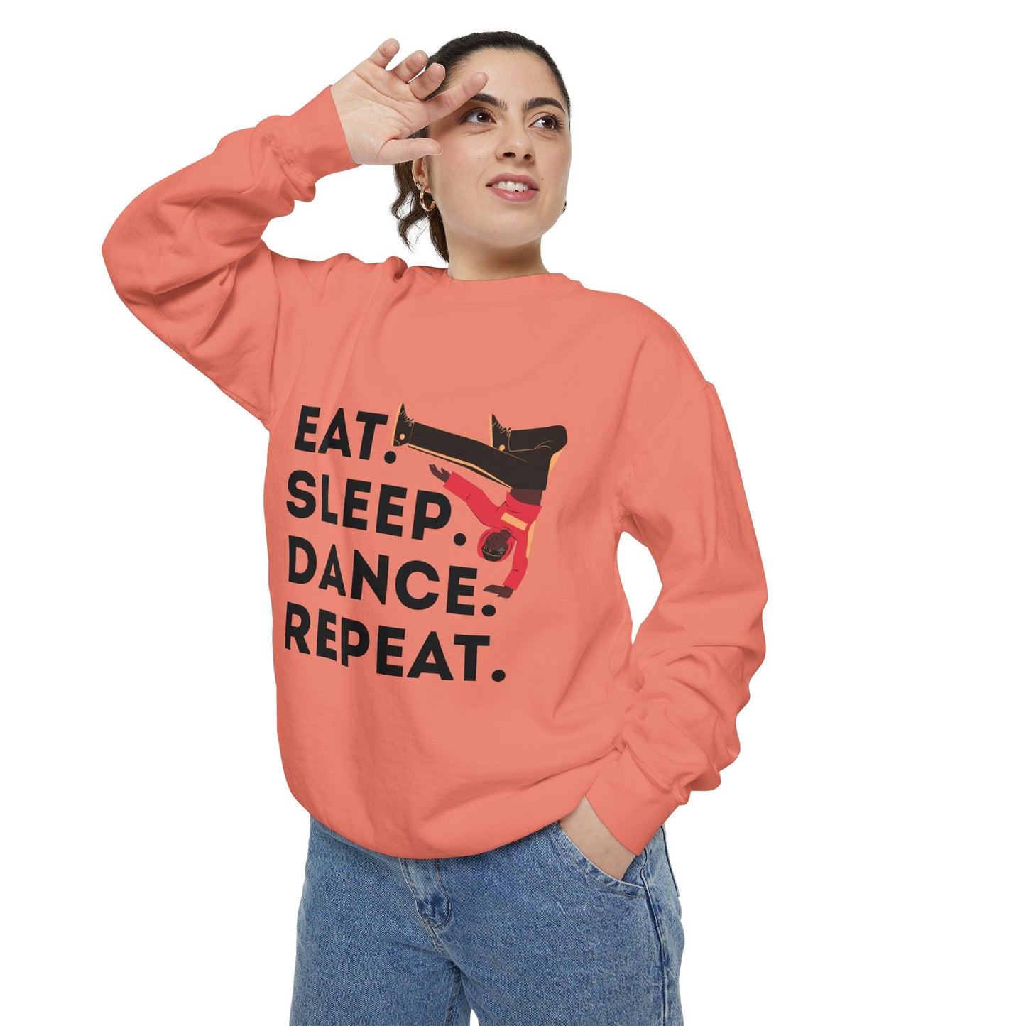 "Eat, Sleep, Dance, Repeat." Unisex Lightweight Crewneck Sweatshirt – Bold B-Boy Graphic Pullover for Hip-Hop Dancers & Street Style Fans