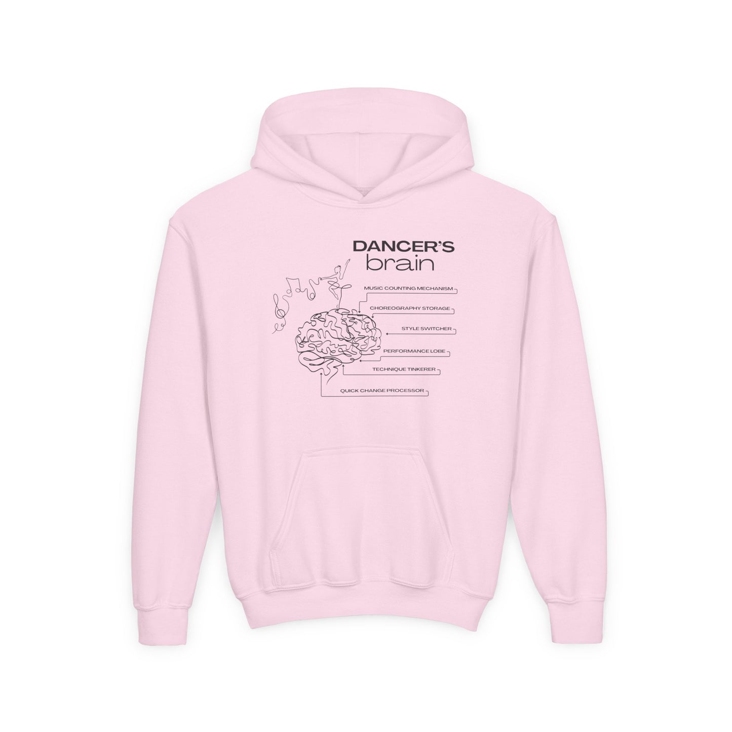 “Dancer’s Brain” Unisex Youth Hoodie with Funny Dance Brain Graphic – Personalized Dance Hoodie for Kids & Teens, Custom Name or Studio Option