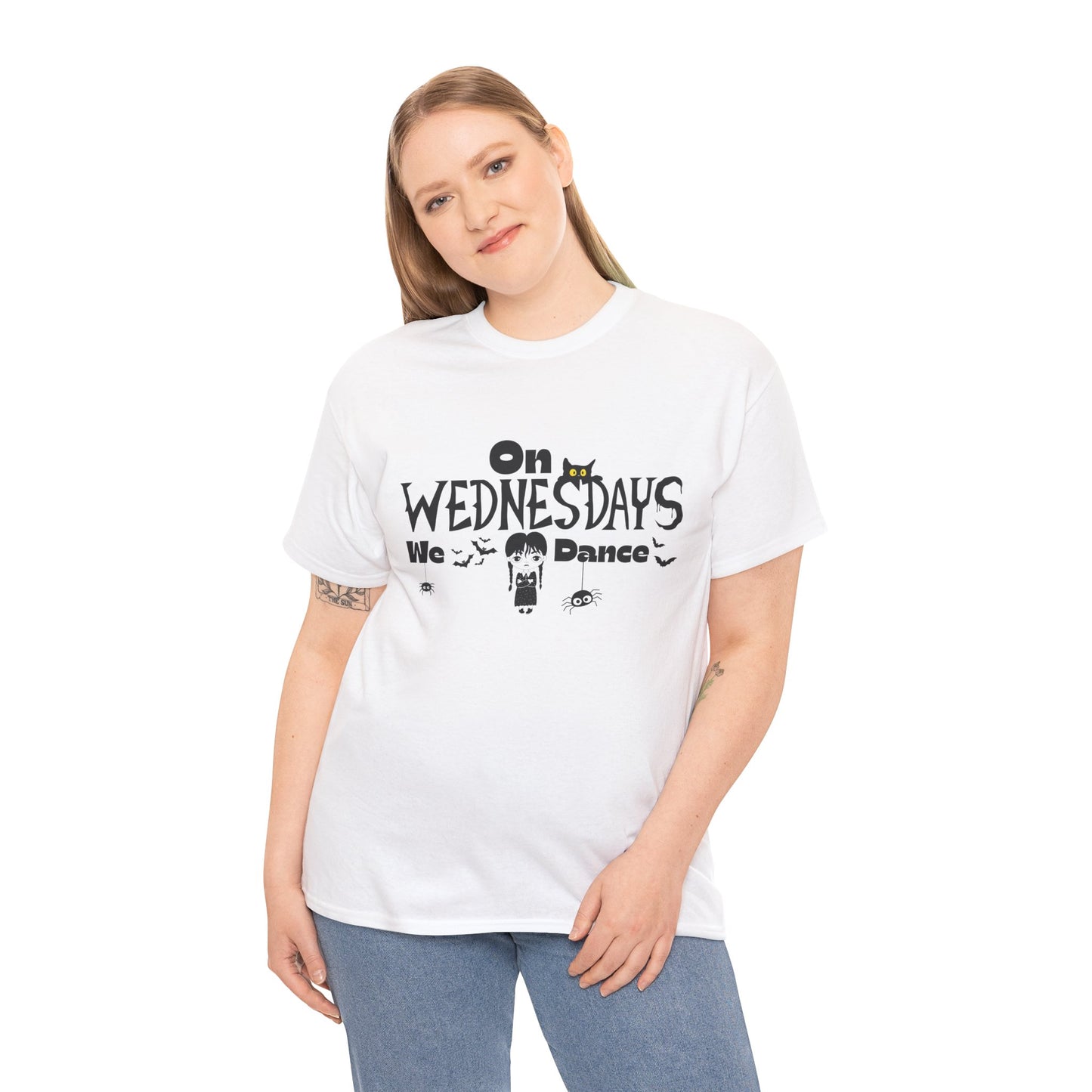 “On Wednesdays We Dance” Gothic Halloween T-Shirt with Cute Girl, Black Cat, Spiders & Bats - Unisex Heavy Cotton Tee