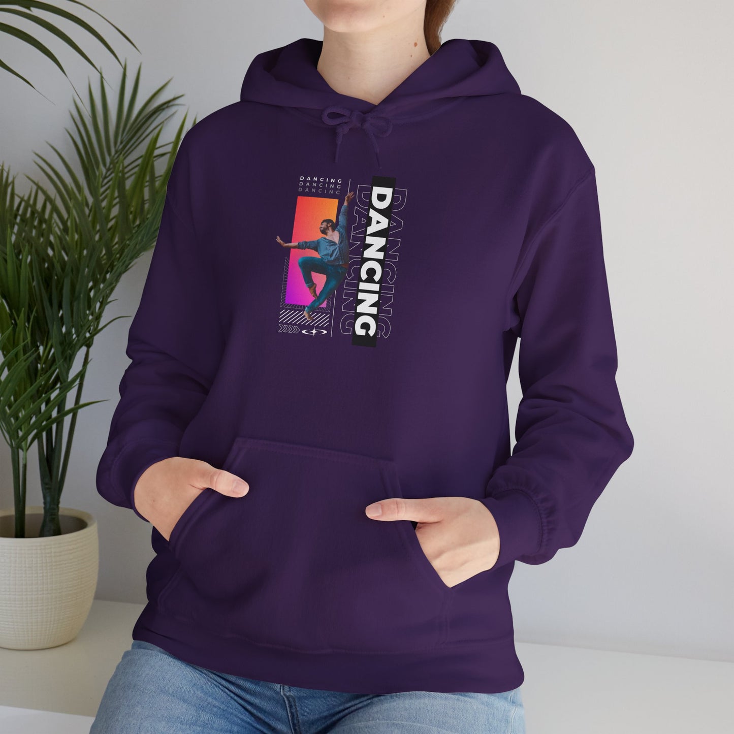 “Dancing” Text with Streetwear-Style Male Dancer Graphic – Unisex Heavy Blend™ Hooded Sweatshirt – Cozy Dance Hoodie for Performers & Dance Enthusiasts