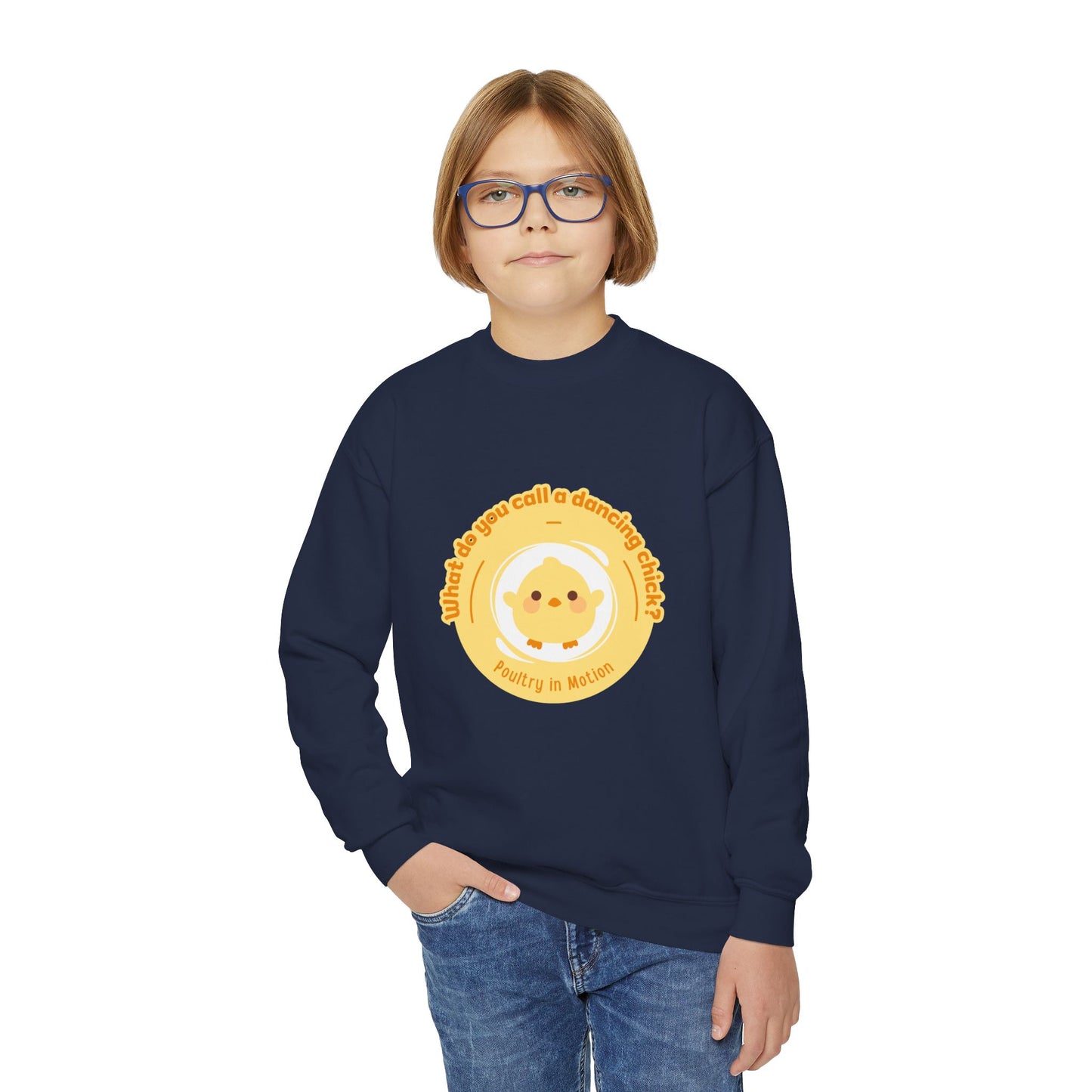 "What do you call a dancing chick? Poultry in Motion." – Funny Dance Pun Youth Crewneck Sweatshirt | Cute Dancing Chicken Kids Pullover
