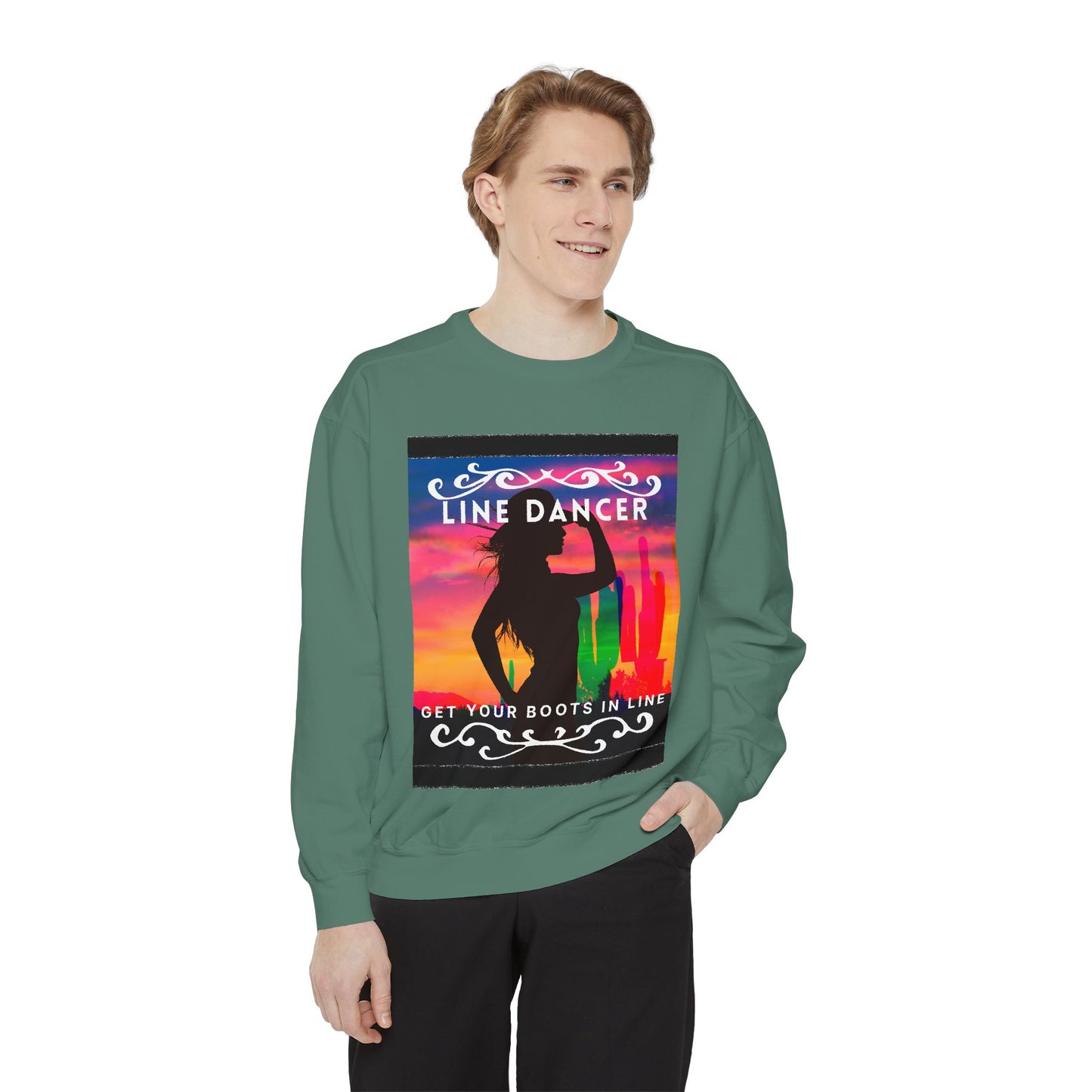 "Line Dancer, Get Your Boots in Line" Unisex Lightweight Crewneck Sweatshirt – Western Dance Graphic Pullover for Country Music & Boot Scootin’ Fans