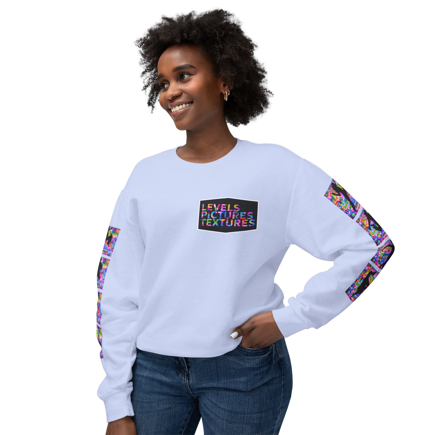 Levels Premium Collection Dance Crewneck Sweatshirt – Vibrant Unisex Streetwear Pullover with "Levels Pictures Textures" Front Text and Dancer Silhouettes on Sleeves
