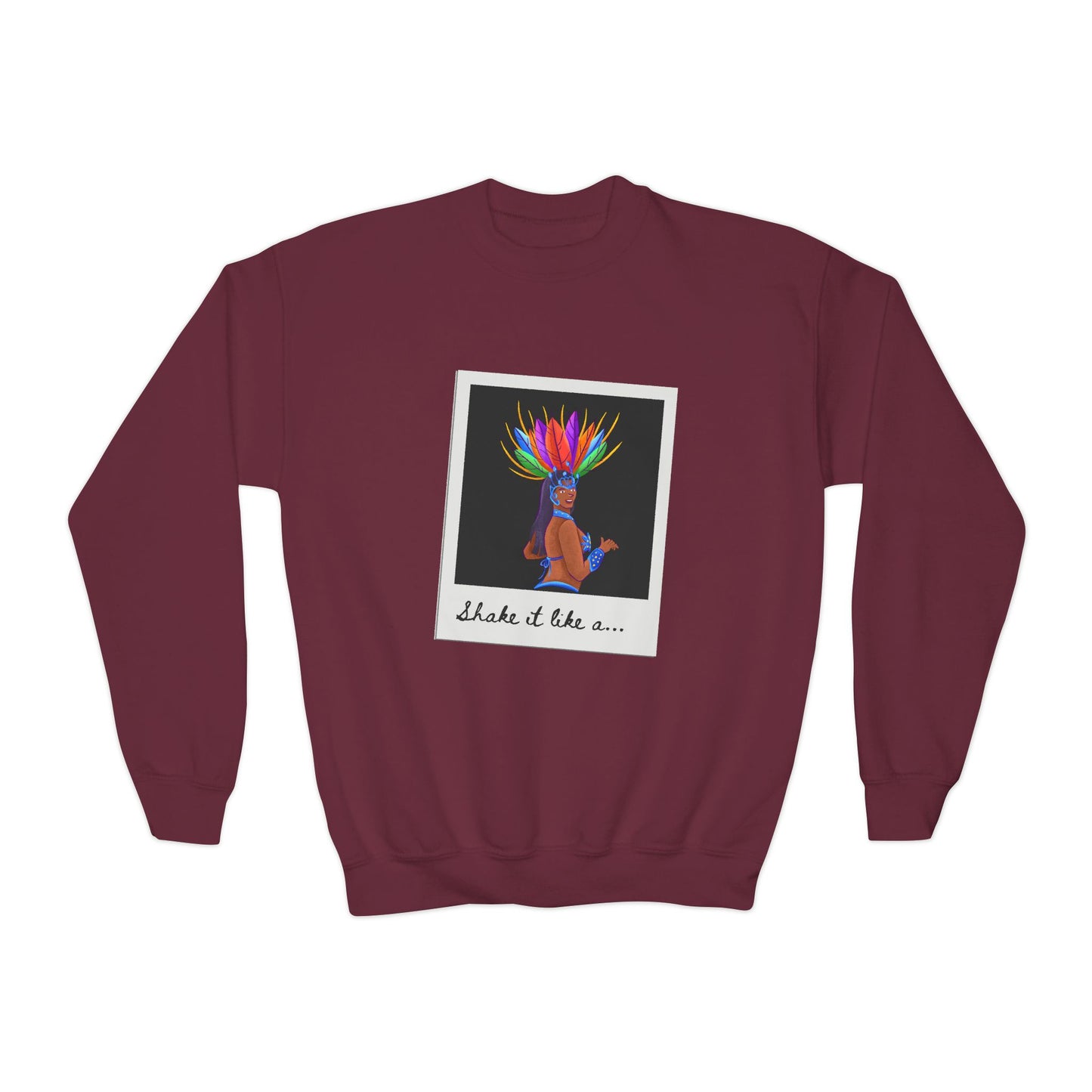 "Shake It Like a..." Youth Crewneck Sweatshirt – Carnival-Inspired Samba Dancer Graphic Pullover for Kids and Teens