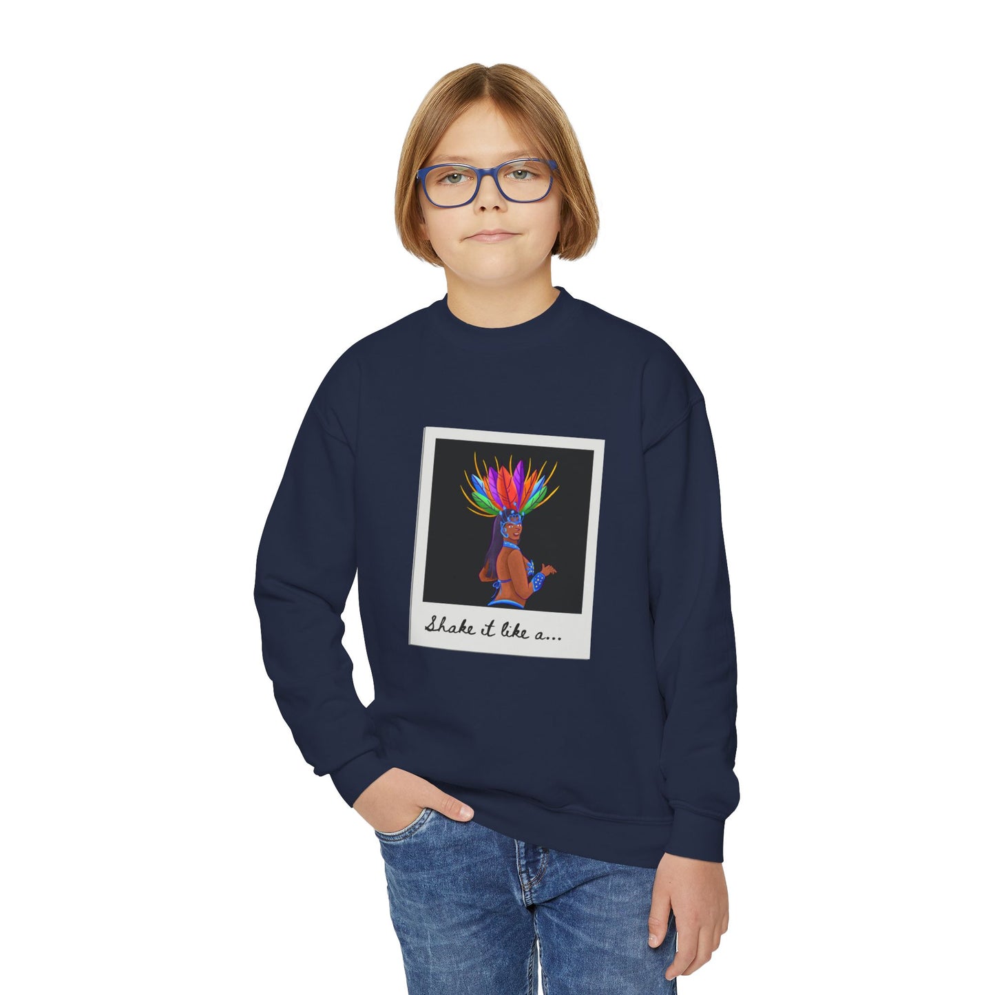 "Shake It Like a..." Youth Crewneck Sweatshirt – Carnival-Inspired Samba Dancer Graphic Pullover for Kids and Teens