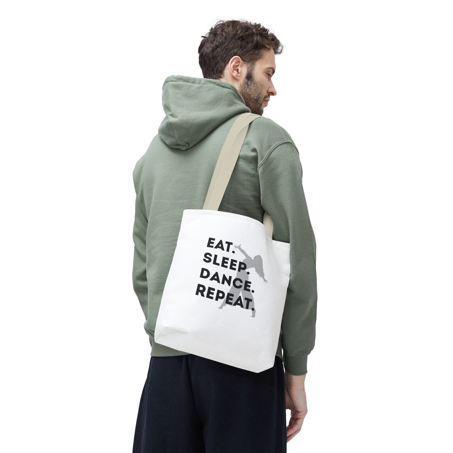 "Eat Sleep Dance Repeat" Canvas Tote Bag – Gray Dancer Silhouette Dance-Themed Reusable Shoulder Bag for Dancers, Studio, or Everyday Use