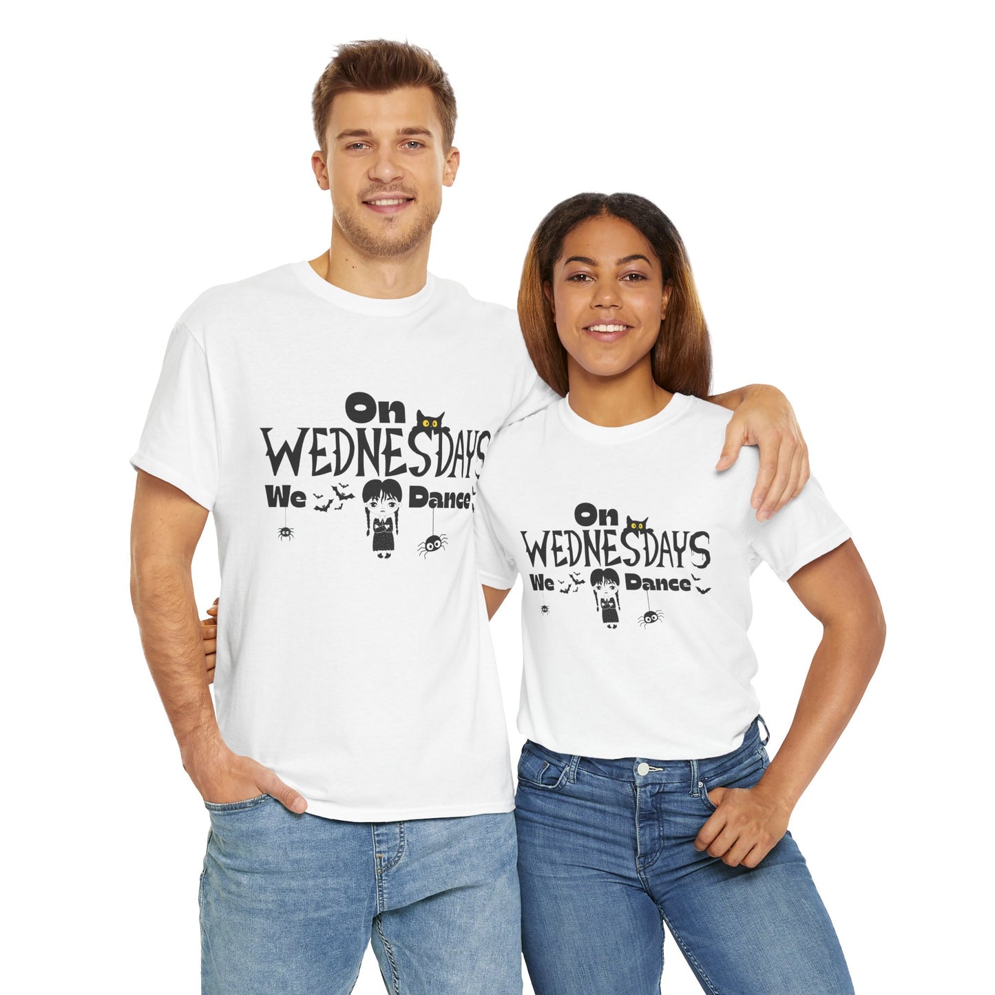 “On Wednesdays We Dance” Gothic Halloween T-Shirt with Cute Girl, Black Cat, Spiders & Bats - Unisex Heavy Cotton Tee